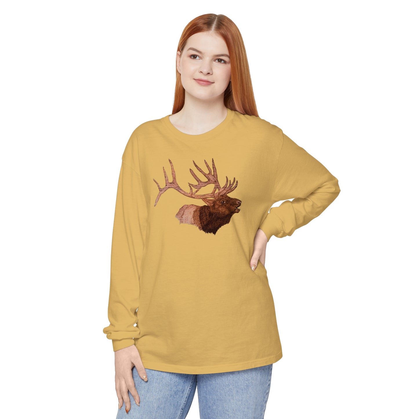 Unisex Garment-dyed Long Sleeve T-Shirt - Bull Elk