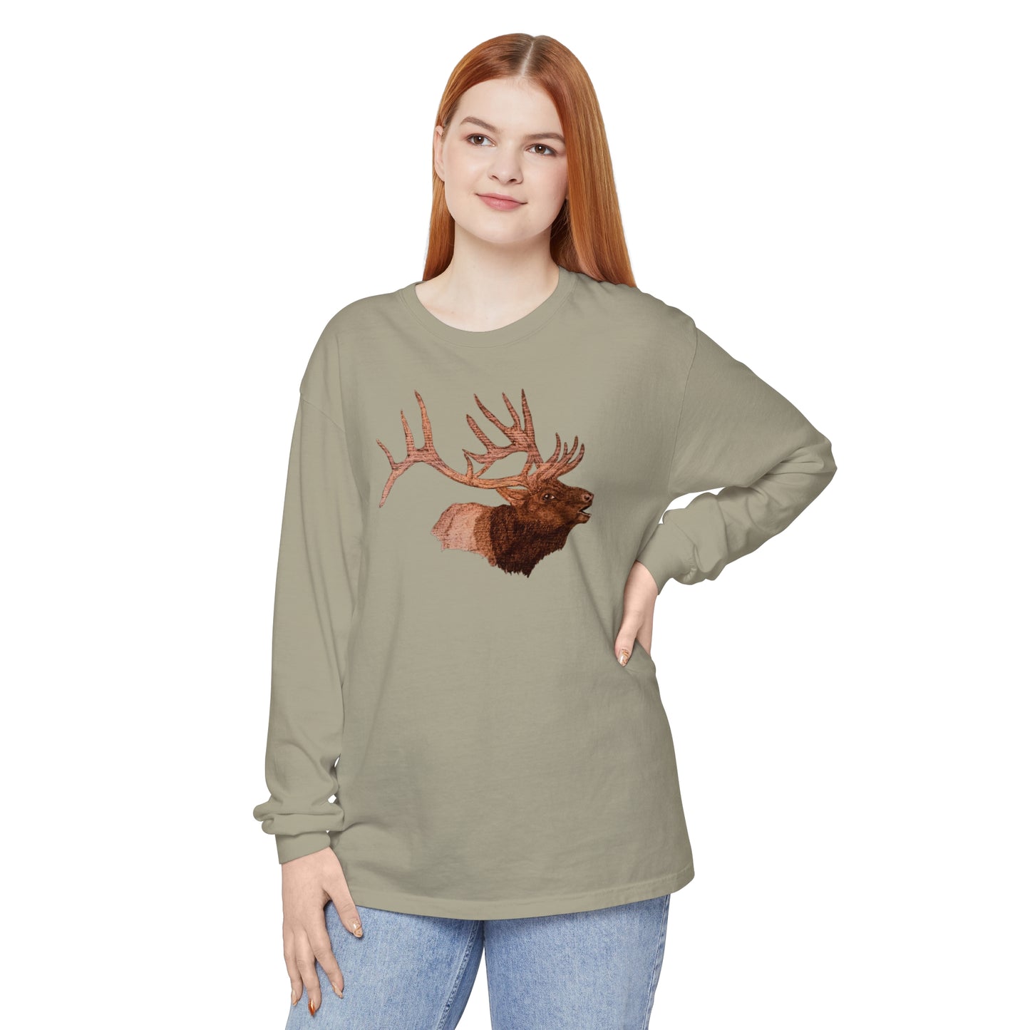 Unisex Garment-dyed Long Sleeve T-Shirt - Bull Elk