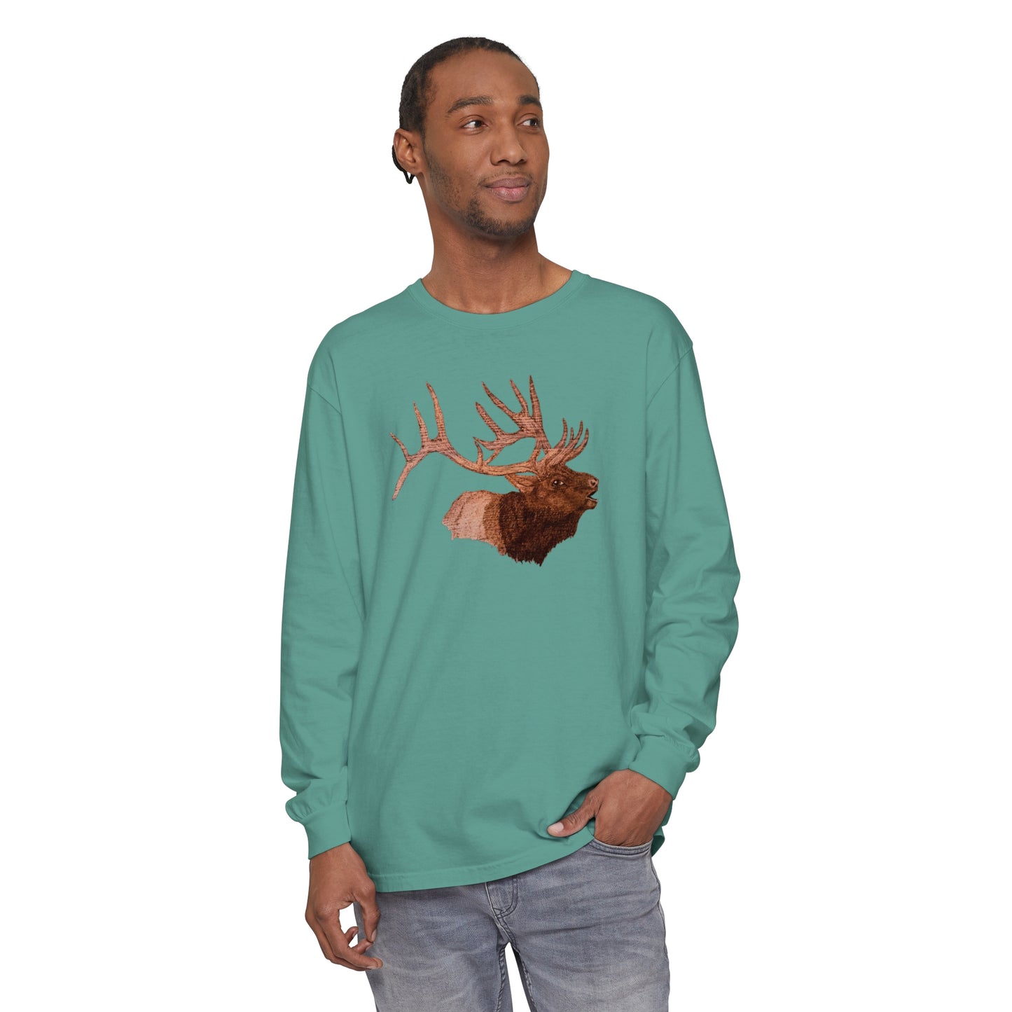 Unisex Garment-dyed Long Sleeve T-Shirt - Bull Elk