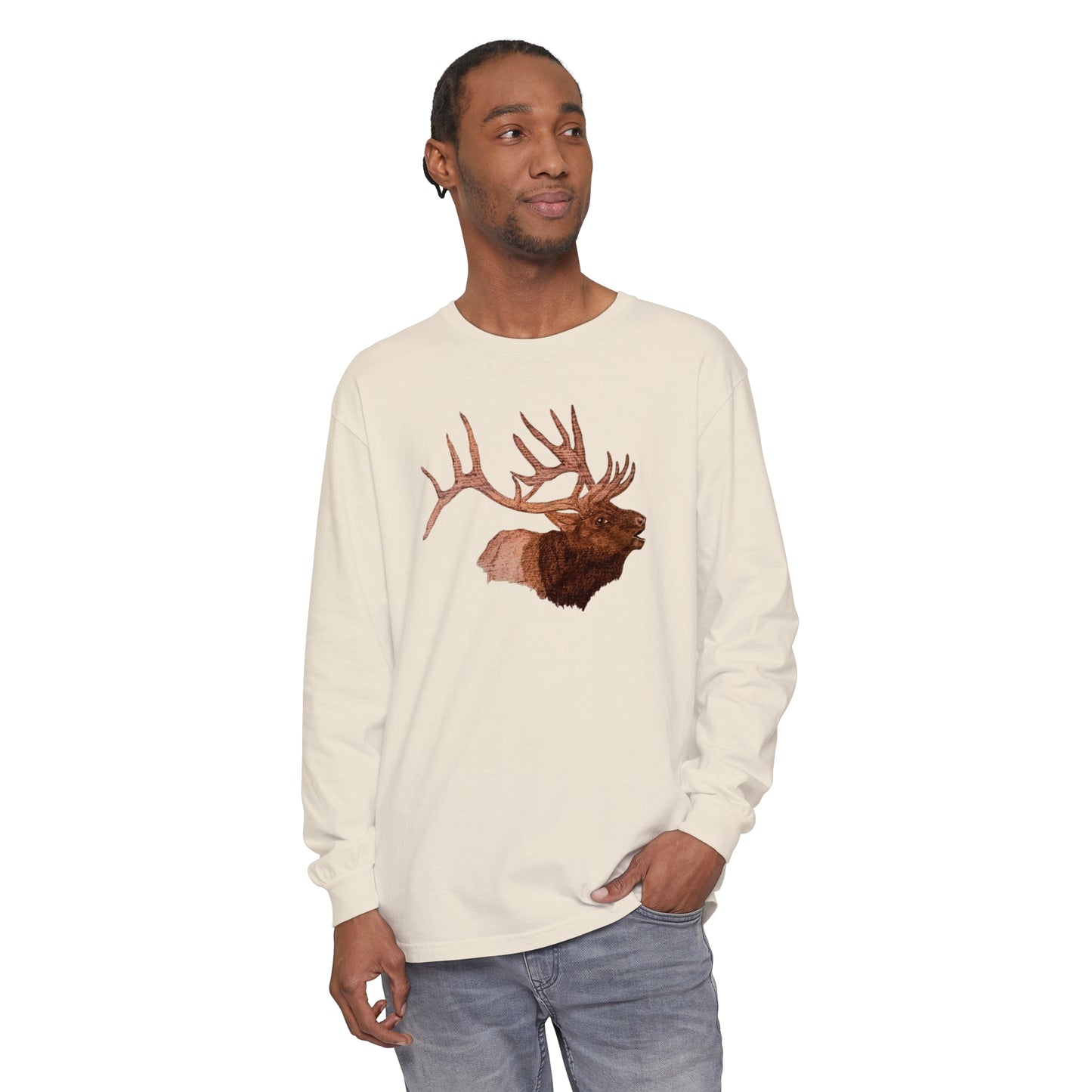 Unisex Garment-dyed Long Sleeve T-Shirt - Bull Elk