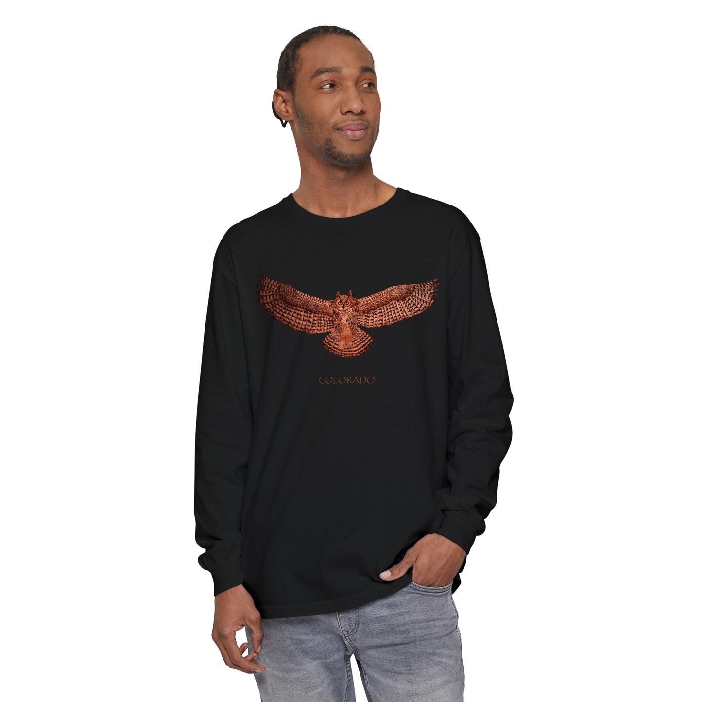 Unisex Garment-dyed Long Sleeve T-Shirt - Owl w/ "COLORADO"