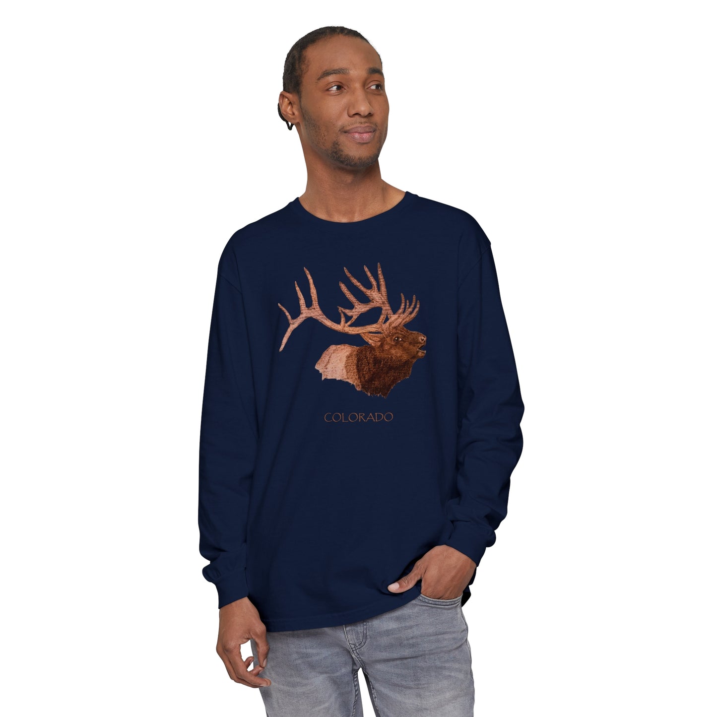 Unisex Garment-dyed Long Sleeve T-Shirt - Bull Elk w/ "COLORADO"