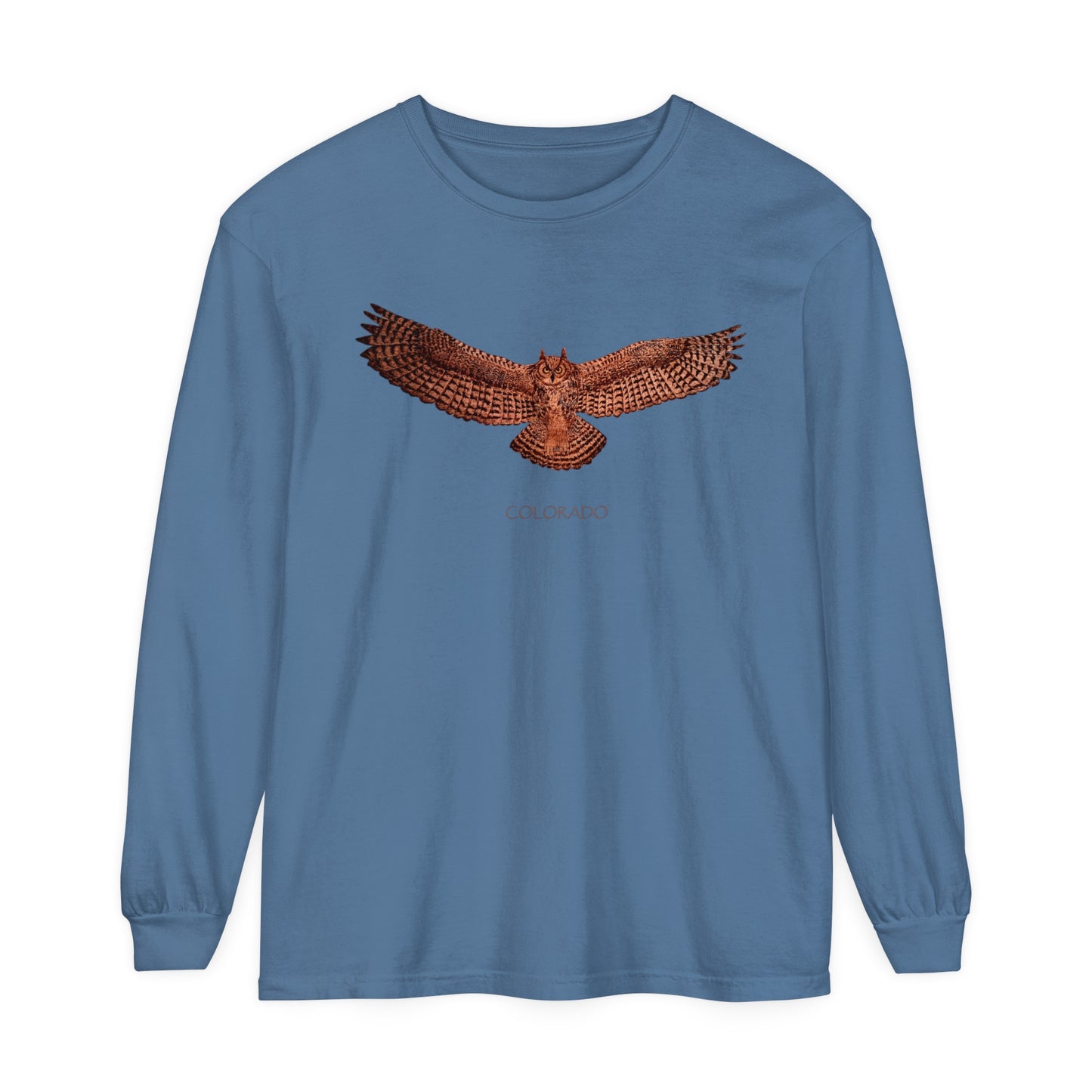 Unisex Garment-dyed Long Sleeve T-Shirt - Owl w/ "COLORADO"