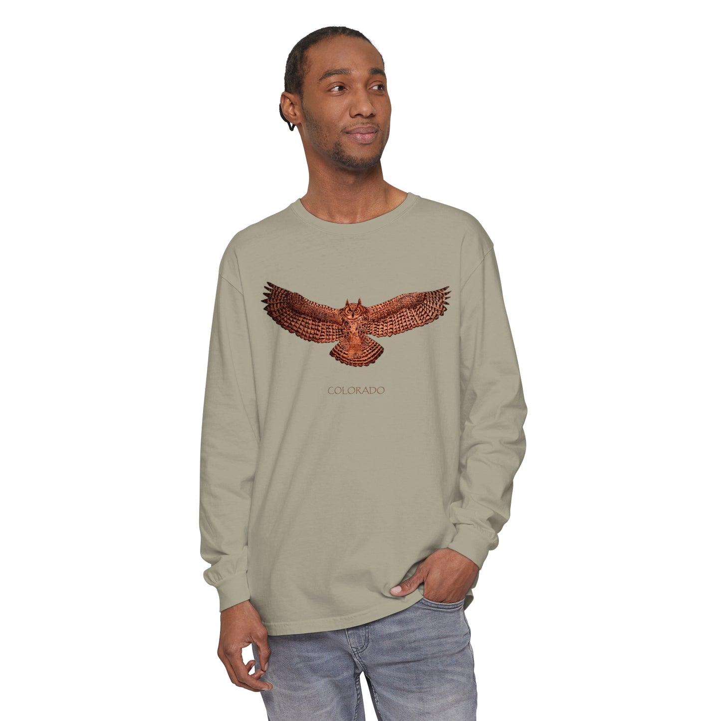 Unisex Garment-dyed Long Sleeve T-Shirt - Owl w/ "COLORADO"