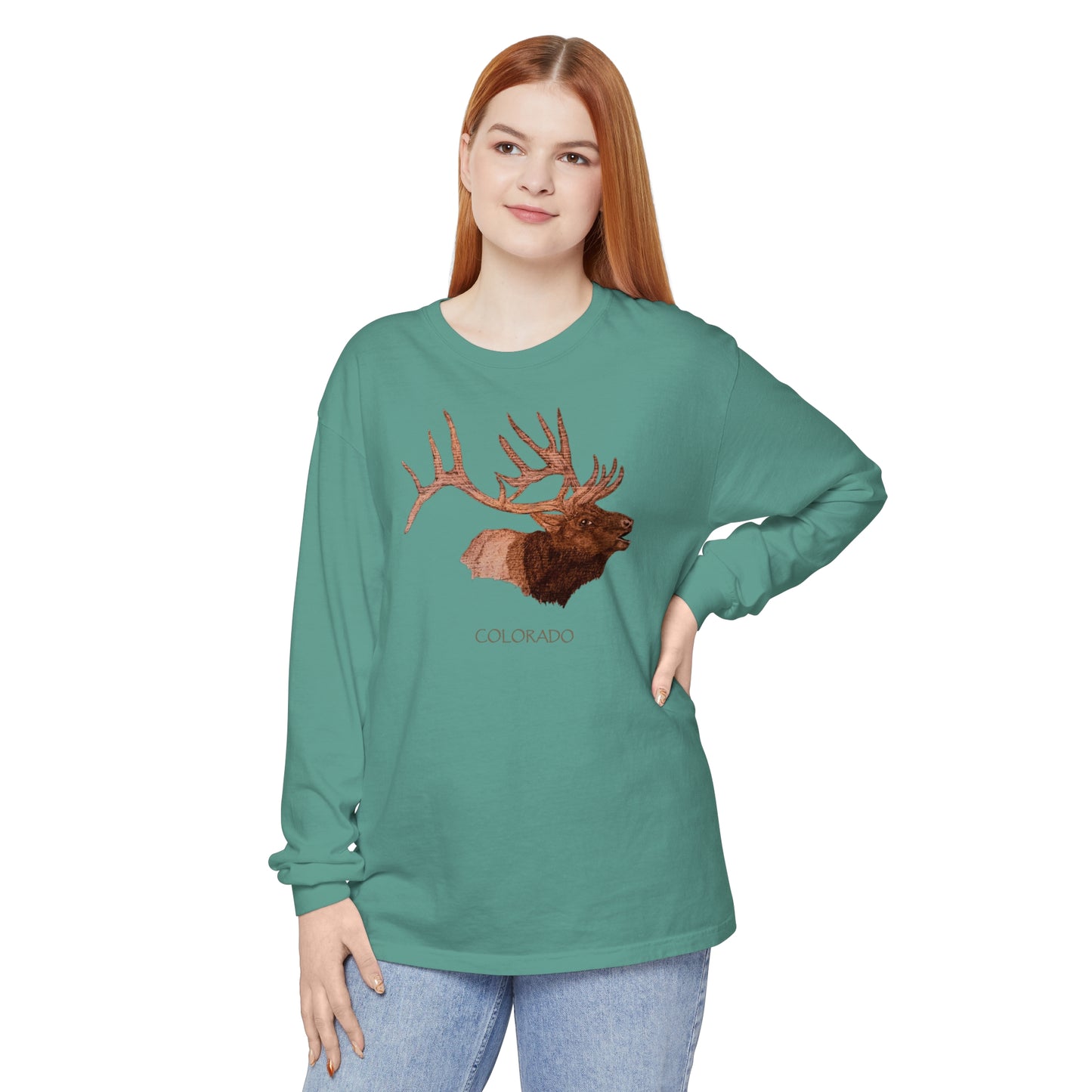 Unisex Garment-dyed Long Sleeve T-Shirt - Bull Elk w/ "COLORADO"