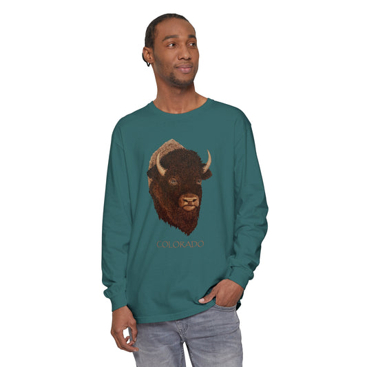 Unisex Garment-dyed Long Sleeve T-Shirt - Bison w/ "COLORADO"