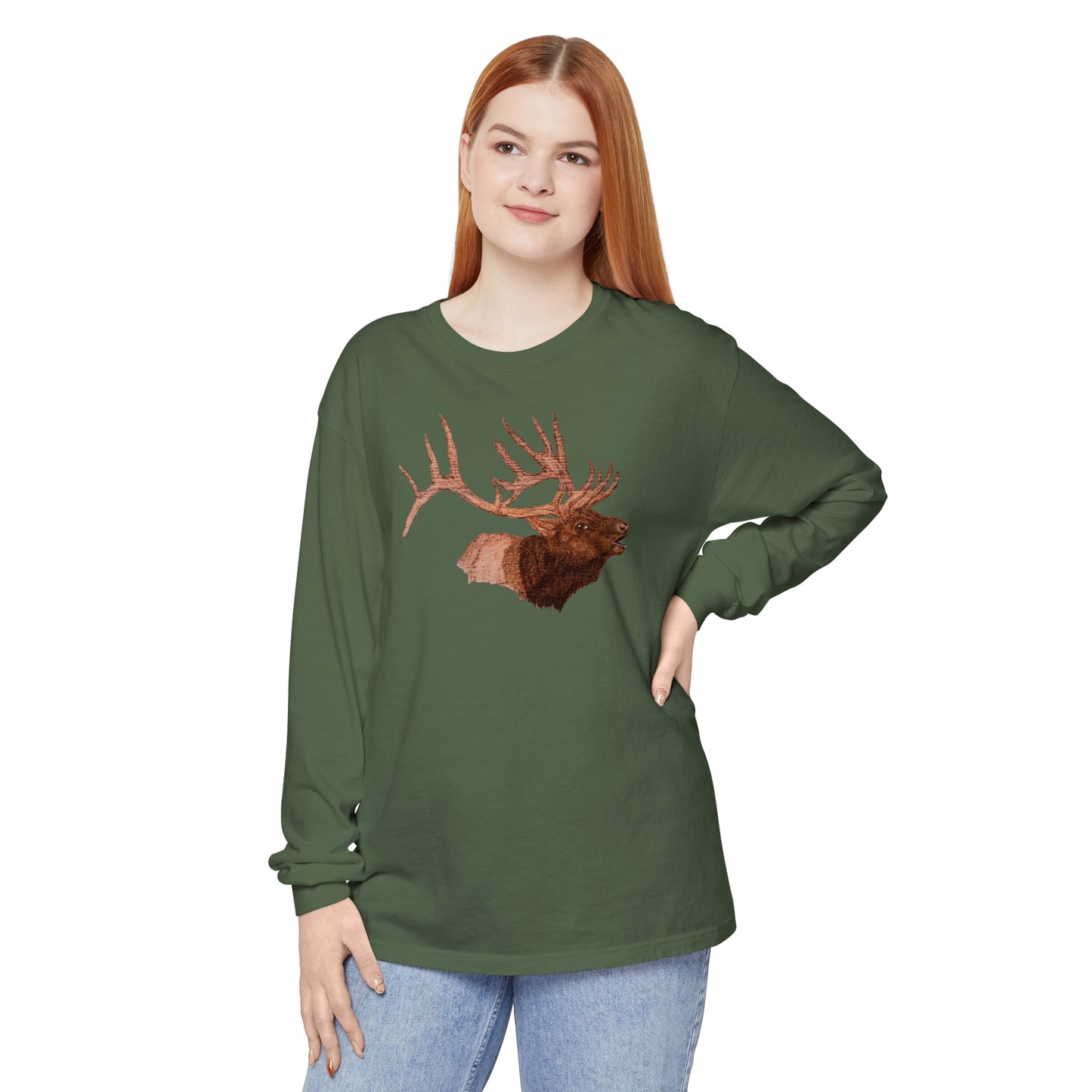 Unisex Garment-dyed Long Sleeve T-Shirt - Bull Elk