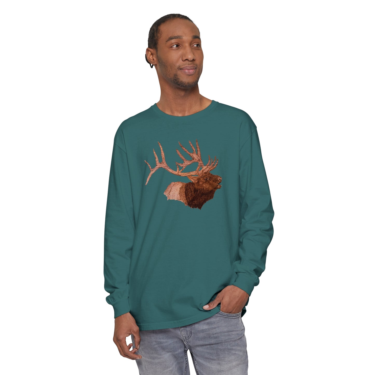 Unisex Garment-dyed Long Sleeve T-Shirt - Bull Elk