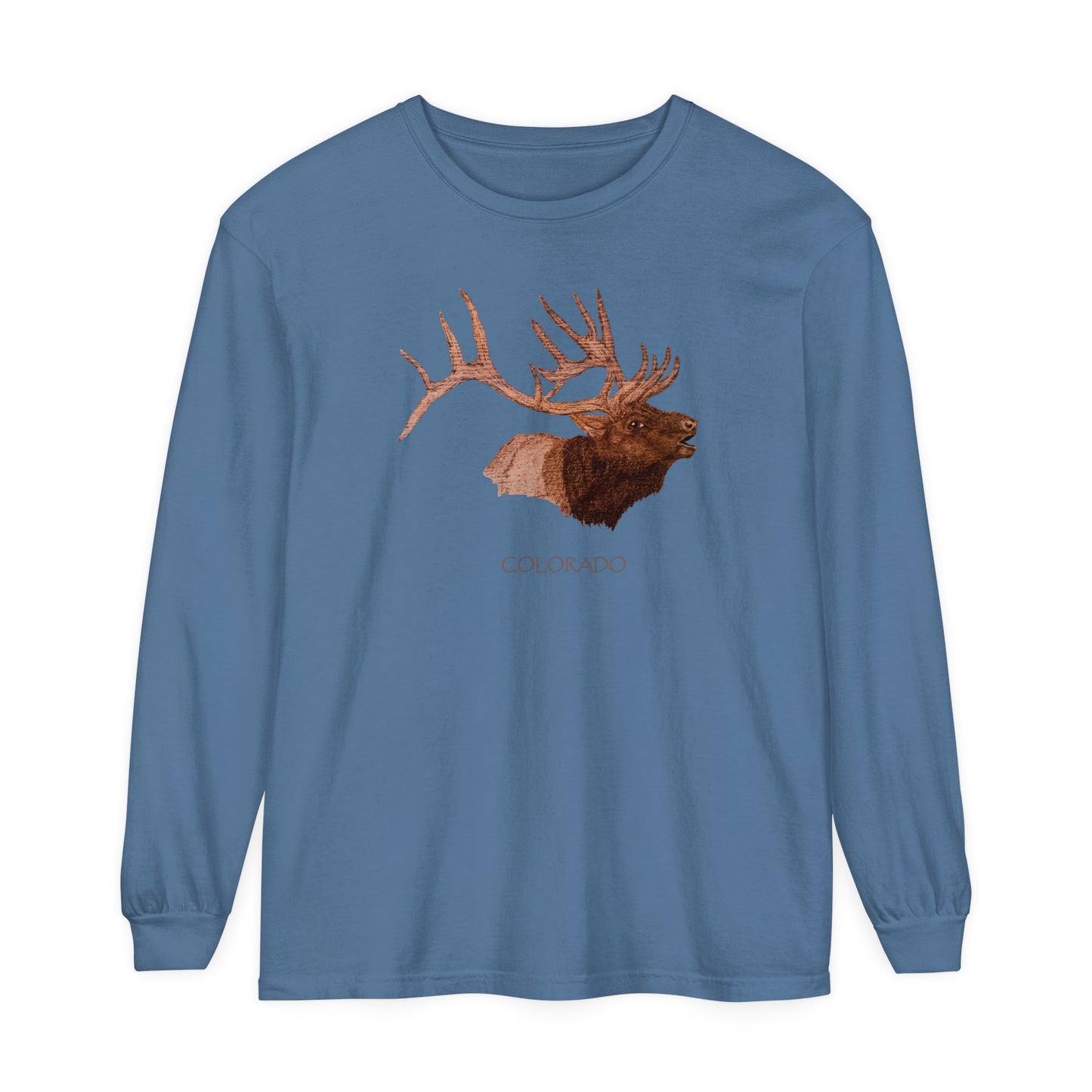 Unisex Garment-dyed Long Sleeve T-Shirt - Bull Elk w/ "COLORADO"