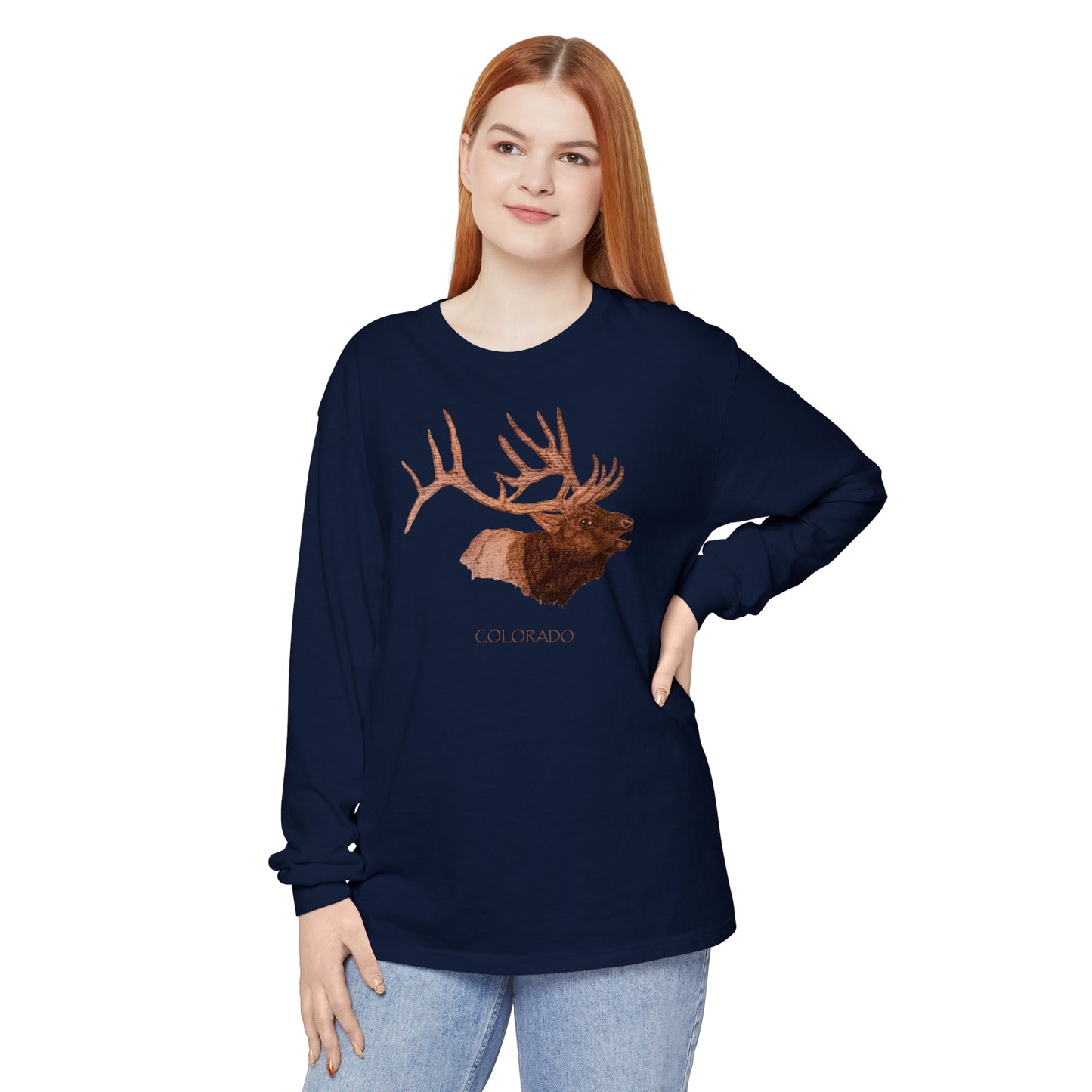 Unisex Garment-dyed Long Sleeve T-Shirt - Bull Elk w/ "COLORADO"