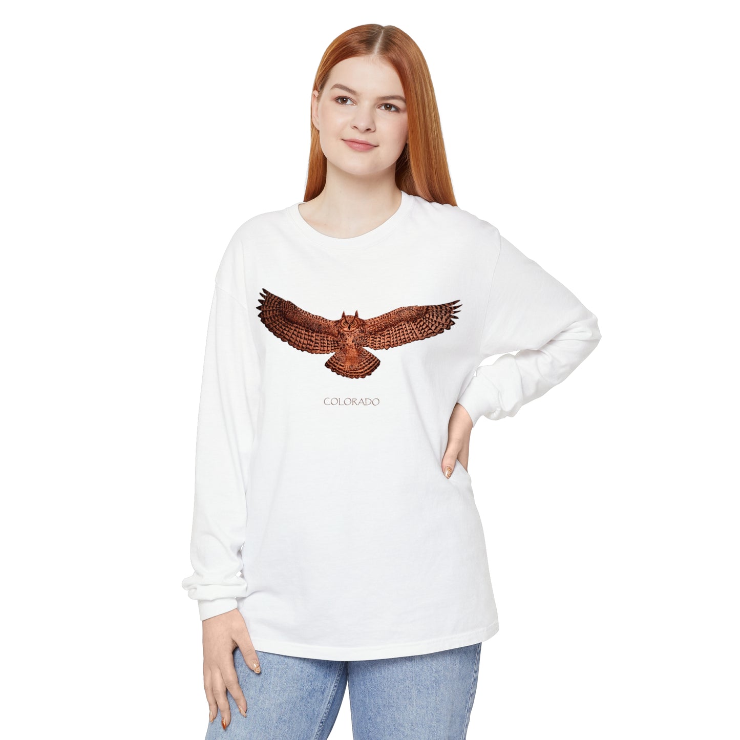 Unisex Garment-dyed Long Sleeve T-Shirt - Owl w/ "COLORADO"