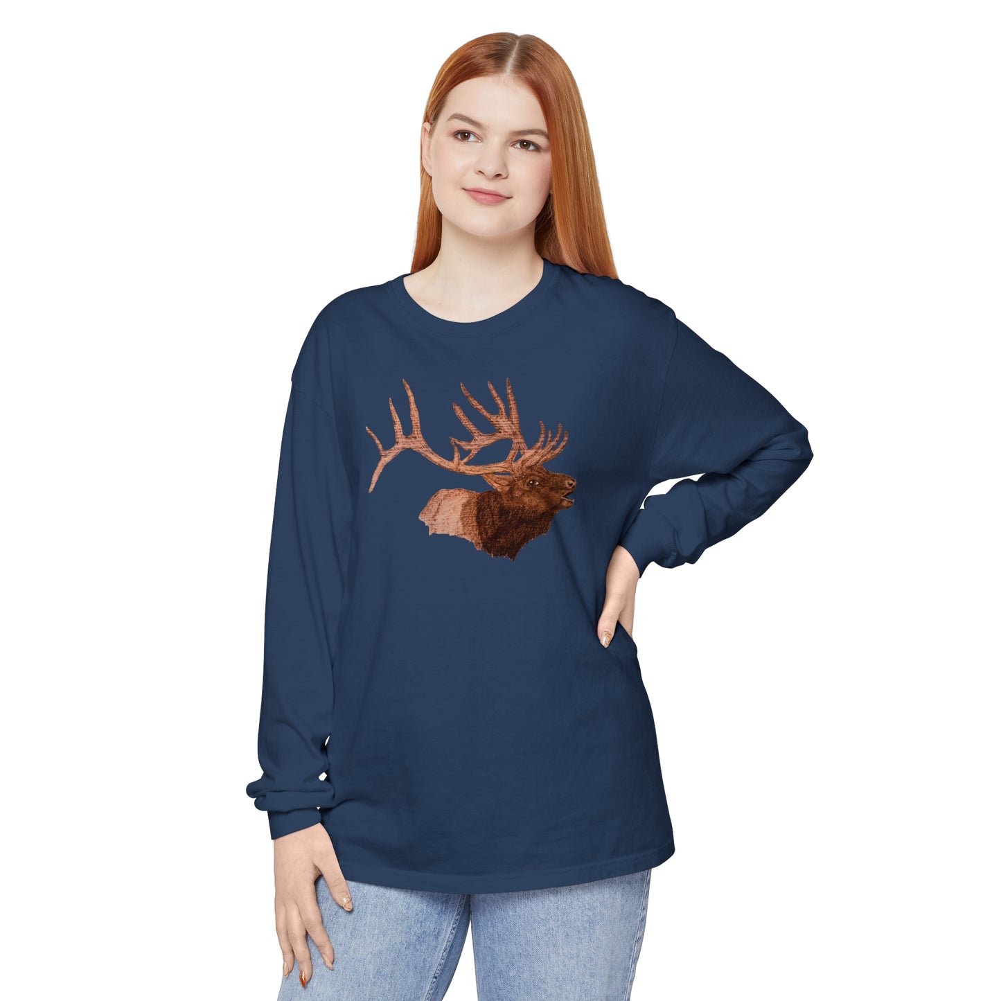 Unisex Garment-dyed Long Sleeve T-Shirt - Bull Elk