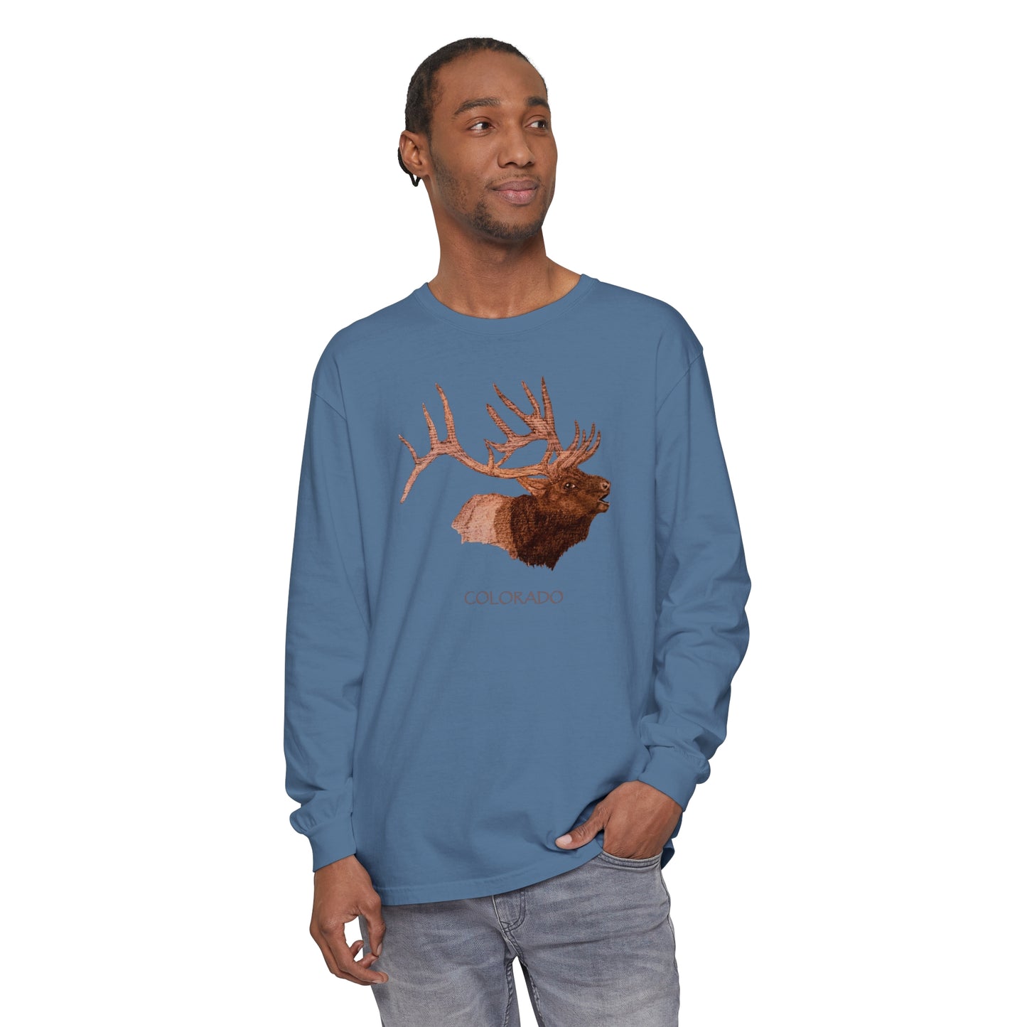 Unisex Garment-dyed Long Sleeve T-Shirt - Bull Elk w/ "COLORADO"