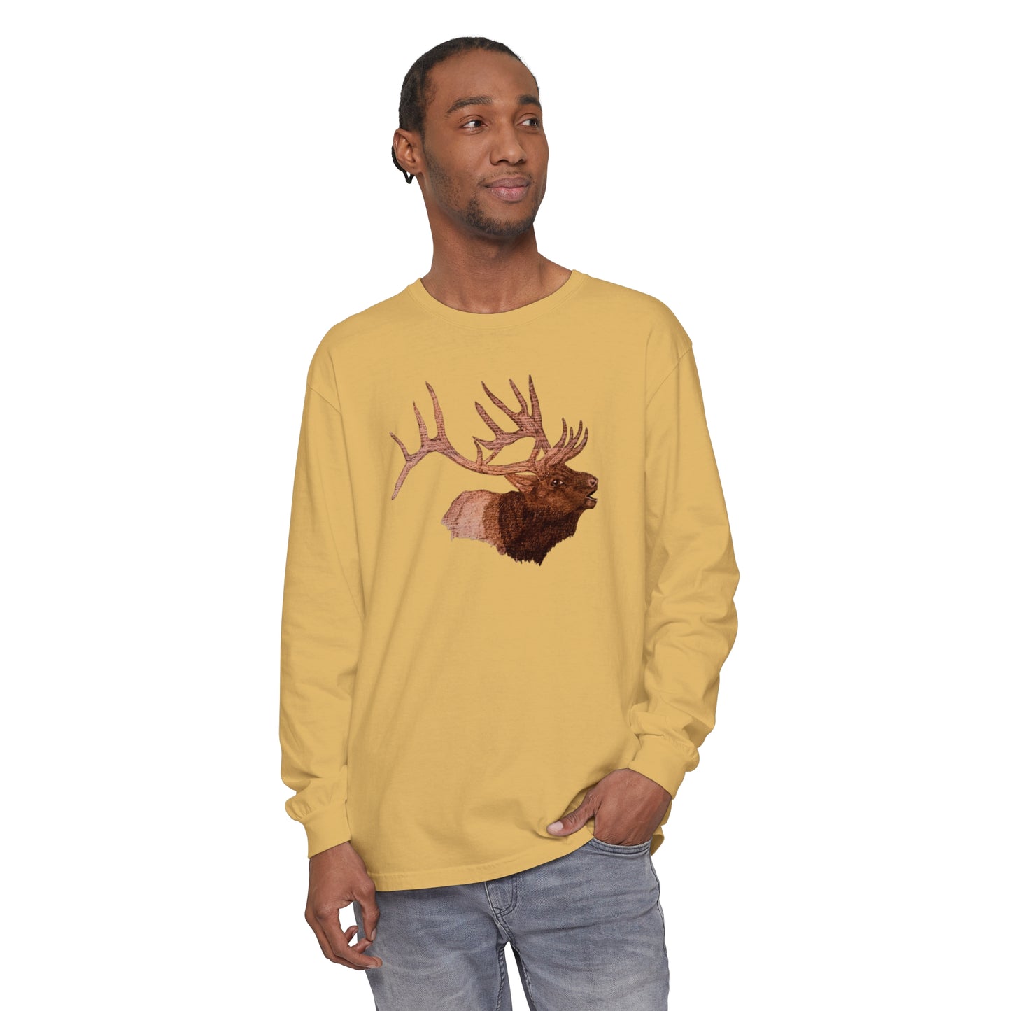 Unisex Garment-dyed Long Sleeve T-Shirt - Bull Elk