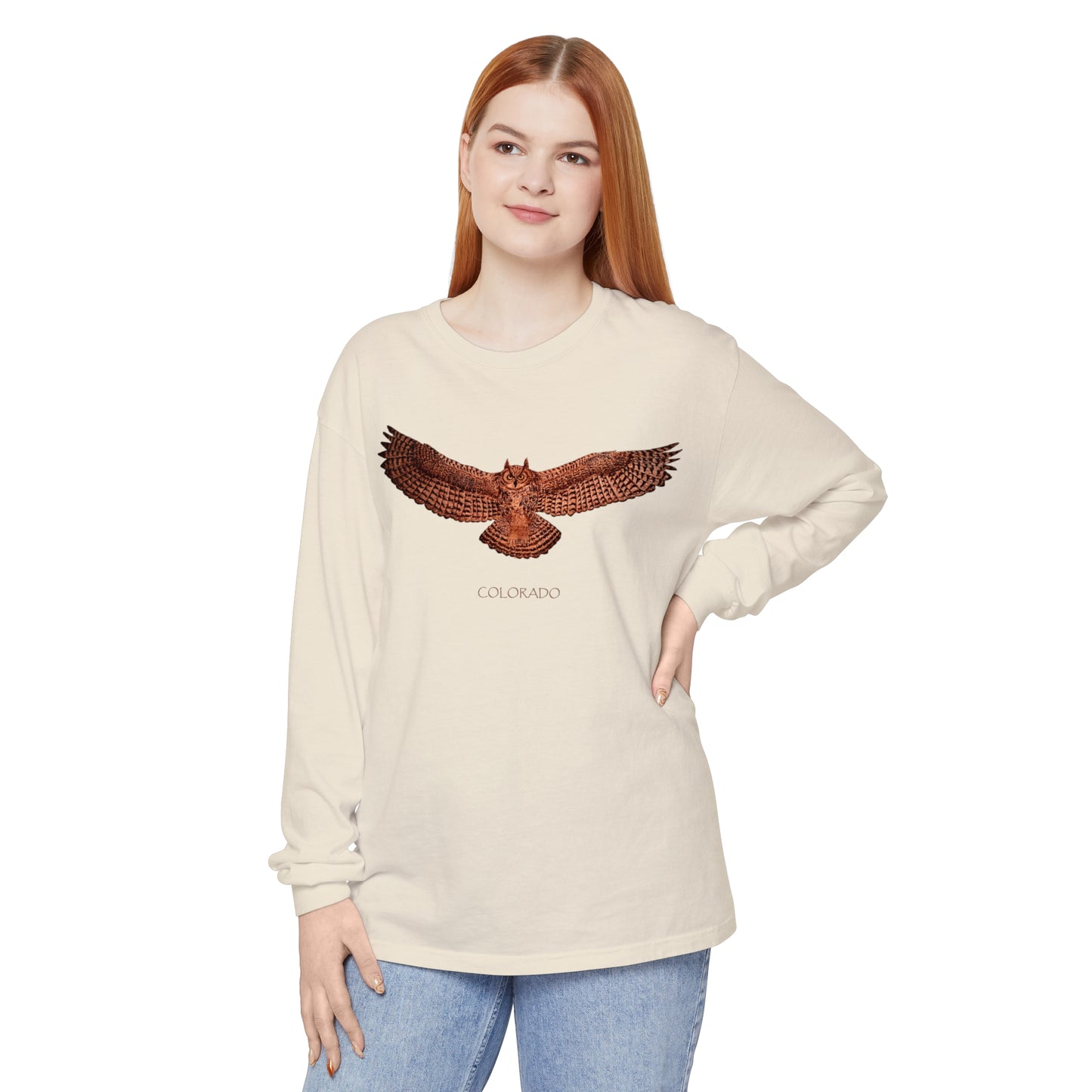 Unisex Garment-dyed Long Sleeve T-Shirt - Owl w/ "COLORADO"