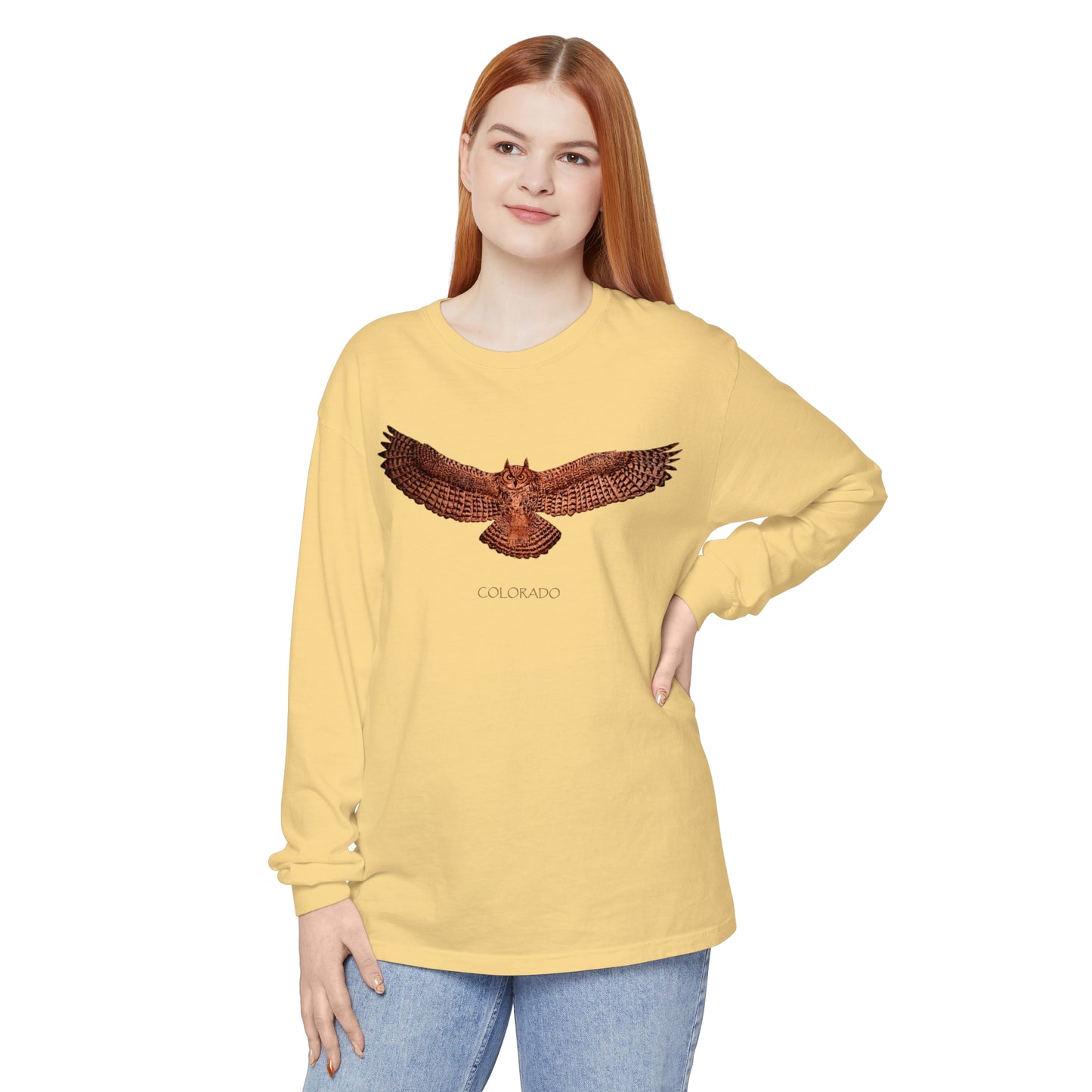 Unisex Garment-dyed Long Sleeve T-Shirt - Owl w/ "COLORADO"