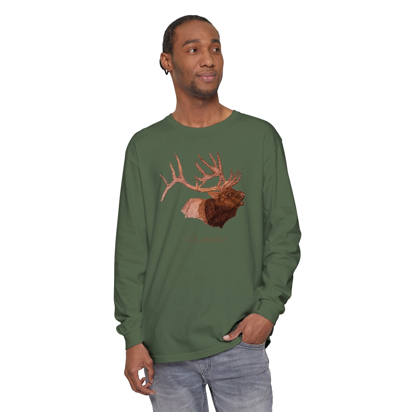 Unisex Garment-dyed Long Sleeve T-Shirt - Bull Elk w/ "COLORADO"