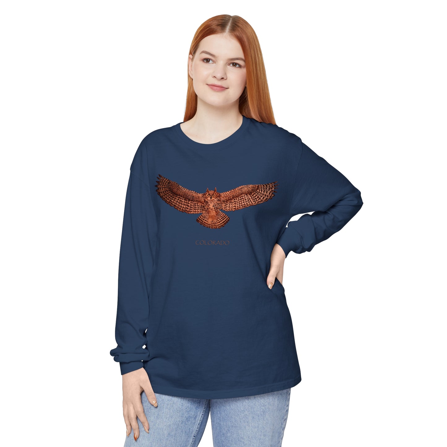 Unisex Garment-dyed Long Sleeve T-Shirt - Owl w/ "COLORADO"