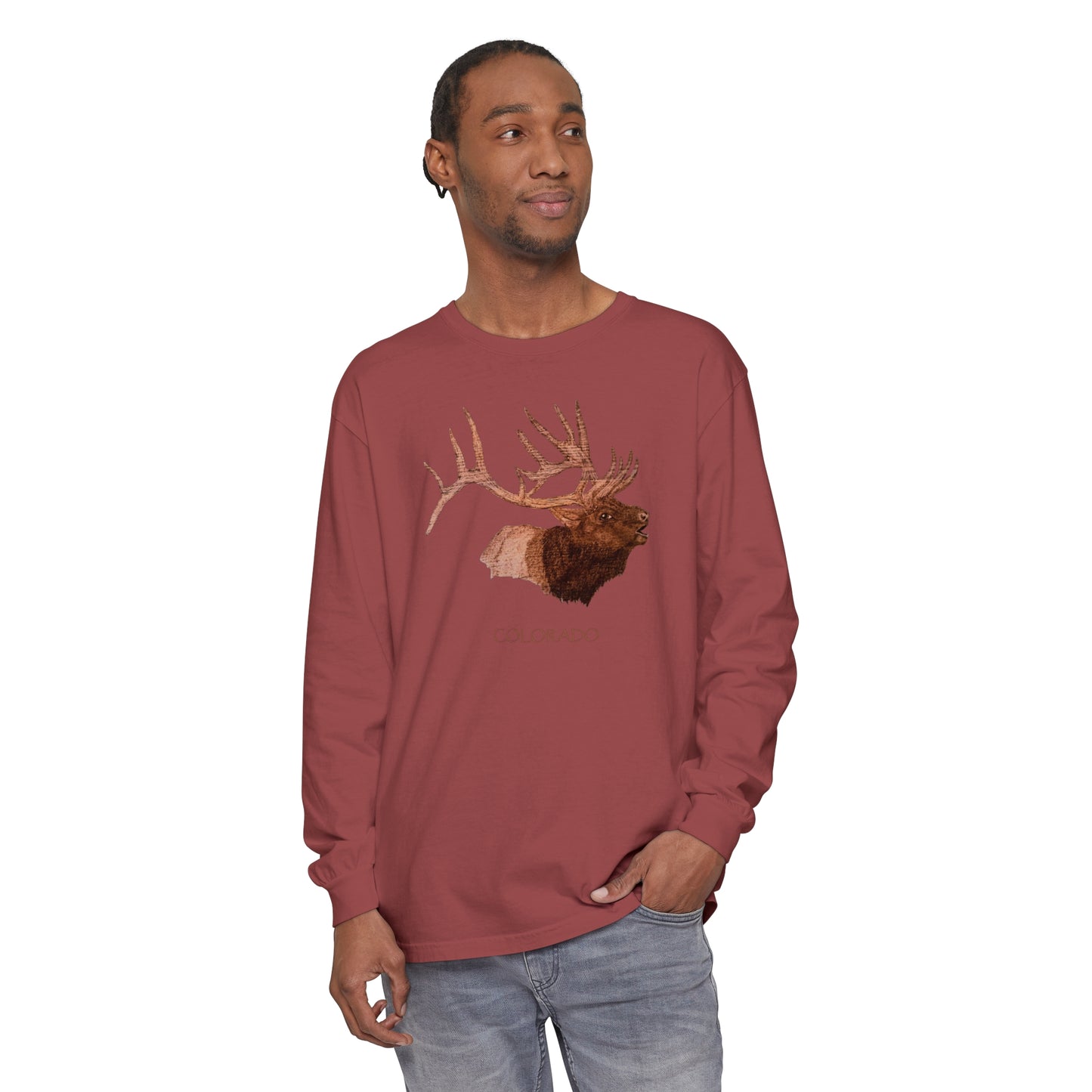 Unisex Garment-dyed Long Sleeve T-Shirt - Bull Elk w/ "COLORADO"