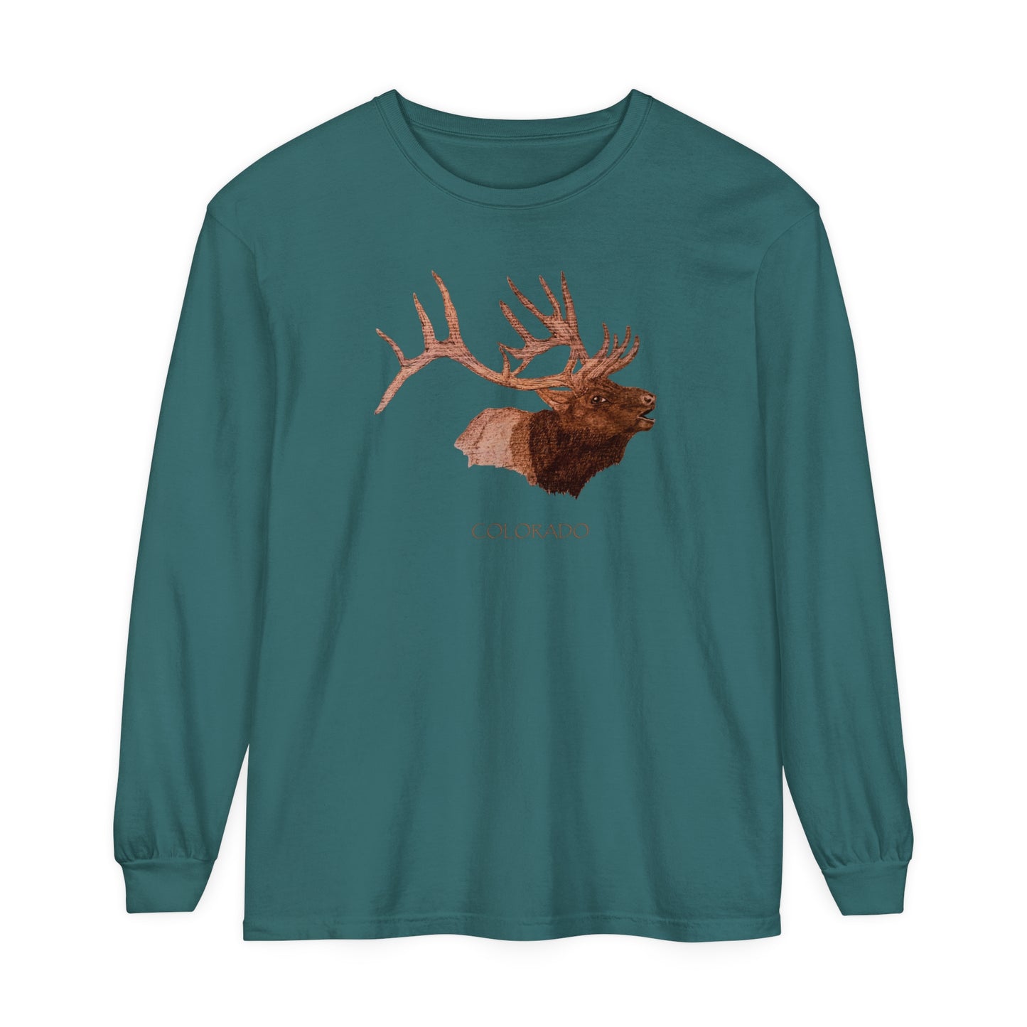 Unisex Garment-dyed Long Sleeve T-Shirt - Bull Elk w/ "COLORADO"