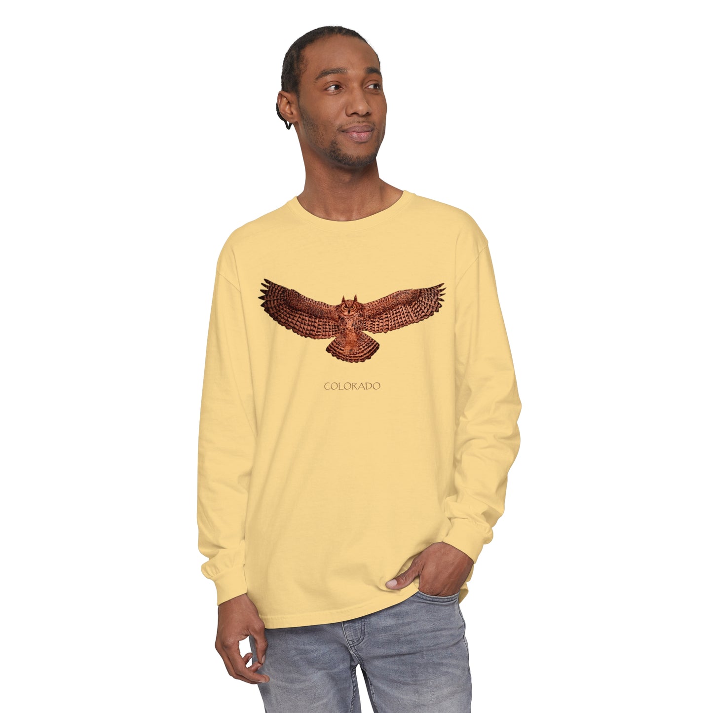 Unisex Garment-dyed Long Sleeve T-Shirt - Owl w/ "COLORADO"