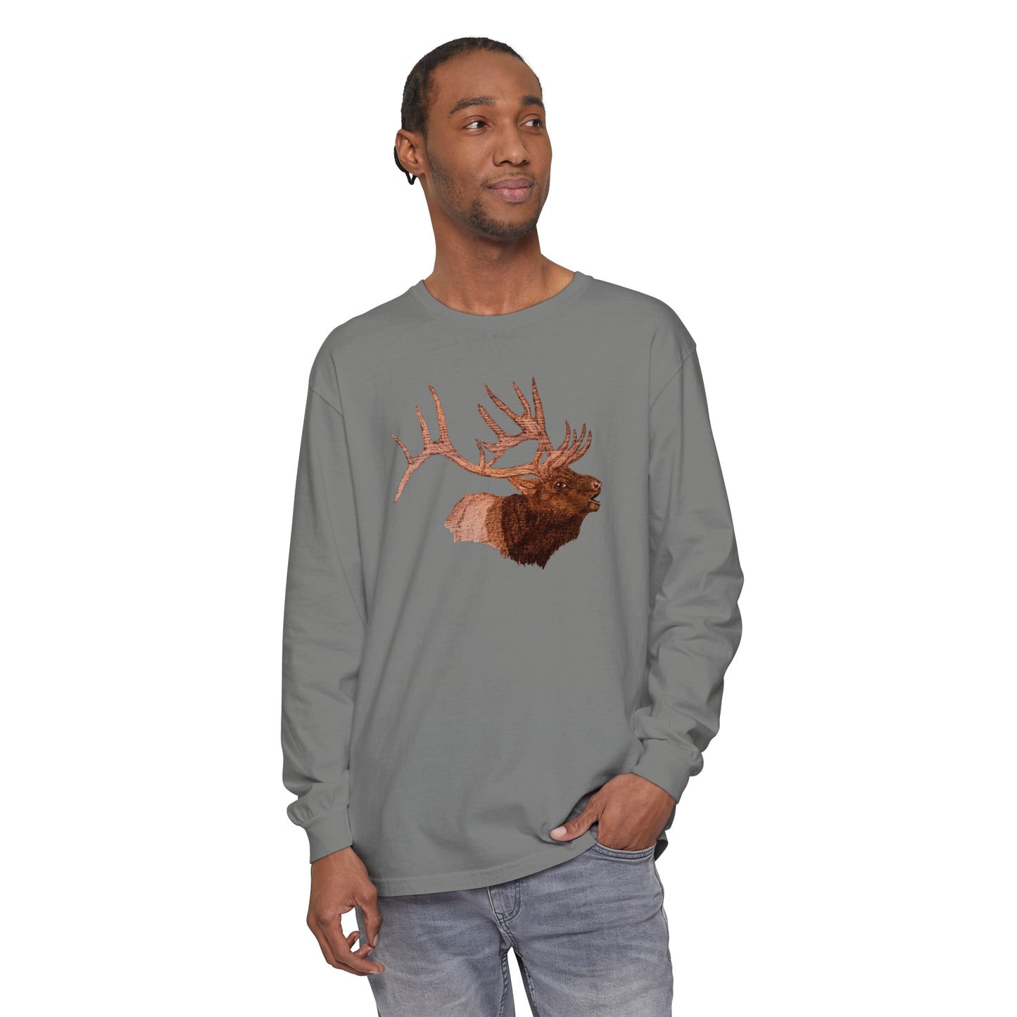 Unisex Garment-dyed Long Sleeve T-Shirt - Bull Elk