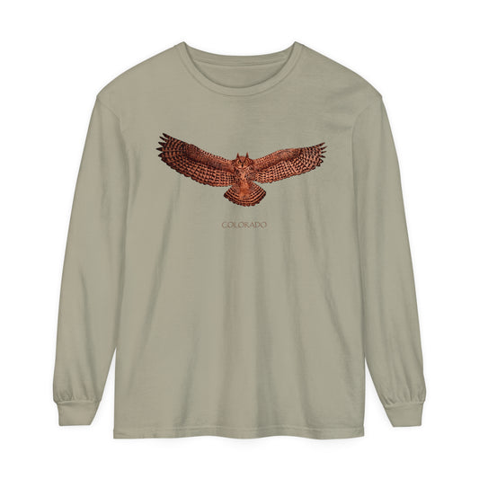 Unisex Garment-dyed Long Sleeve T-Shirt - Owl w/ "COLORADO"