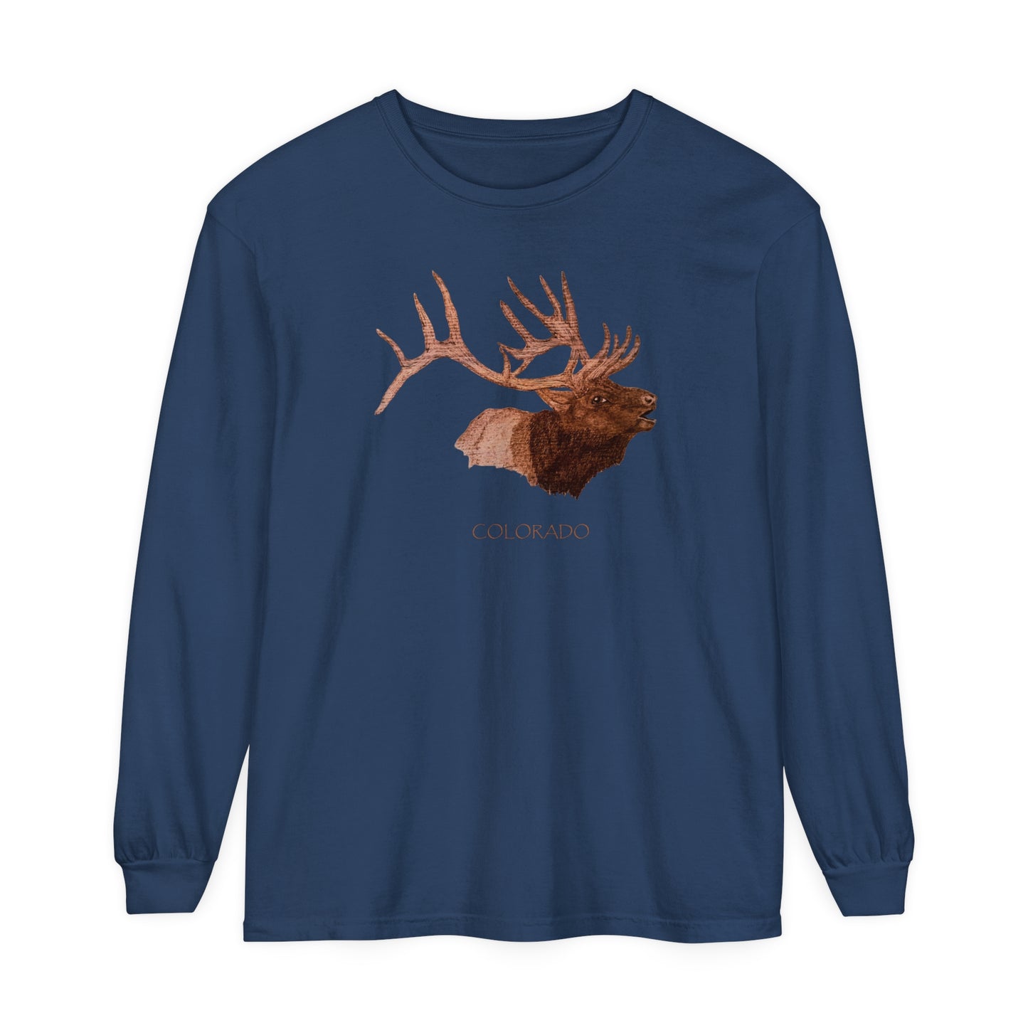 Unisex Garment-dyed Long Sleeve T-Shirt - Bull Elk w/ "COLORADO"