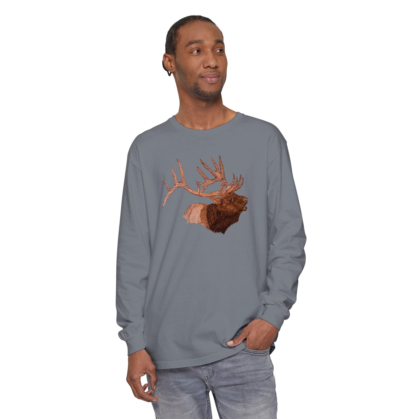 Unisex Garment-dyed Long Sleeve T-Shirt - Bull Elk