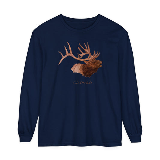 Unisex Garment-dyed Long Sleeve T-Shirt - Bull Elk w/ "COLORADO"