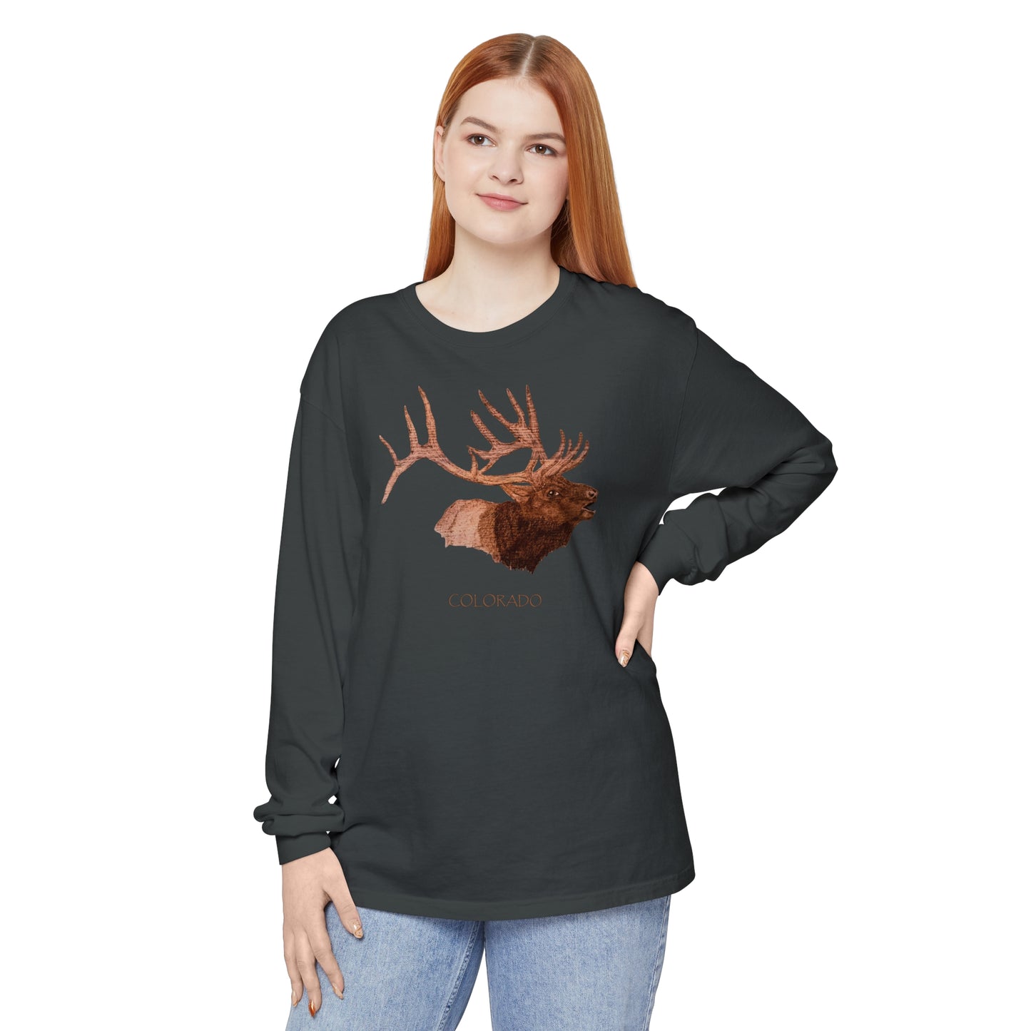 Unisex Garment-dyed Long Sleeve T-Shirt - Bull Elk w/ "COLORADO"