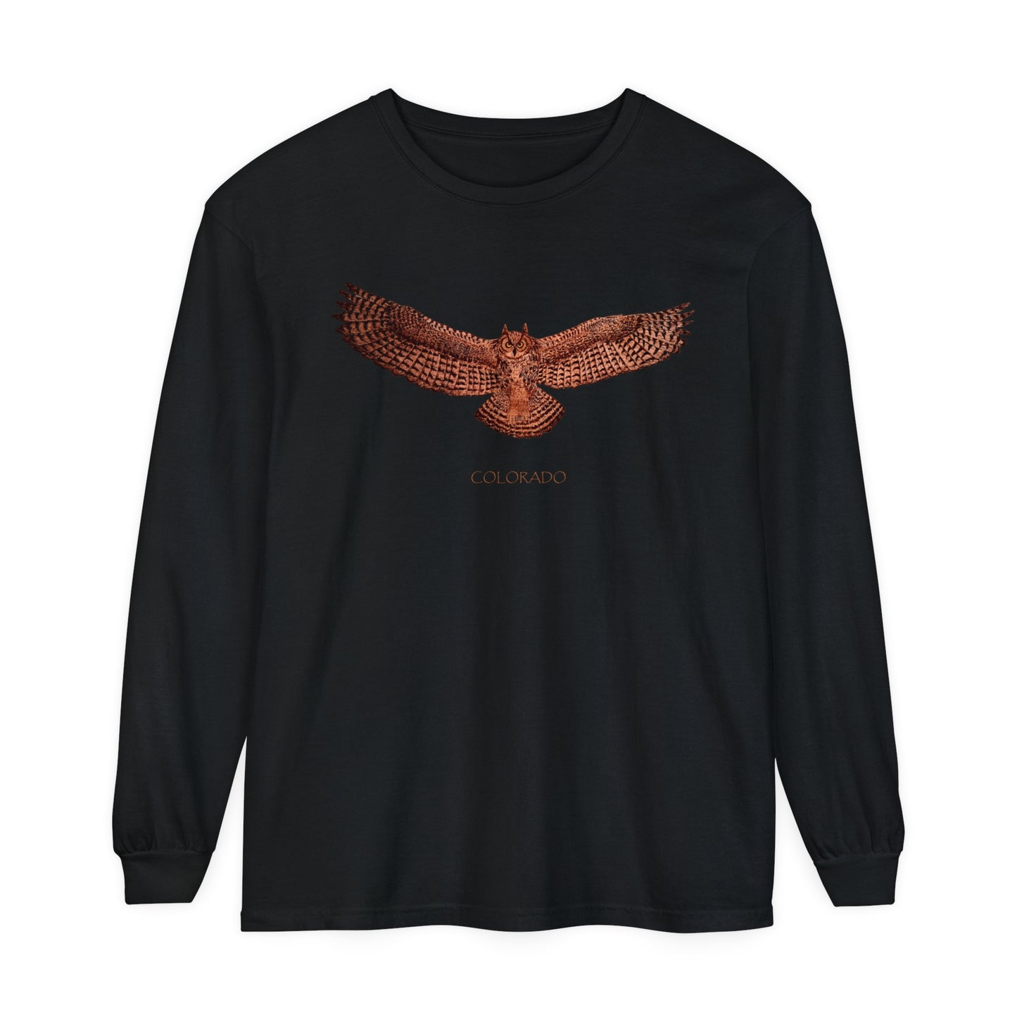 Unisex Garment-dyed Long Sleeve T-Shirt - Owl w/ "COLORADO"