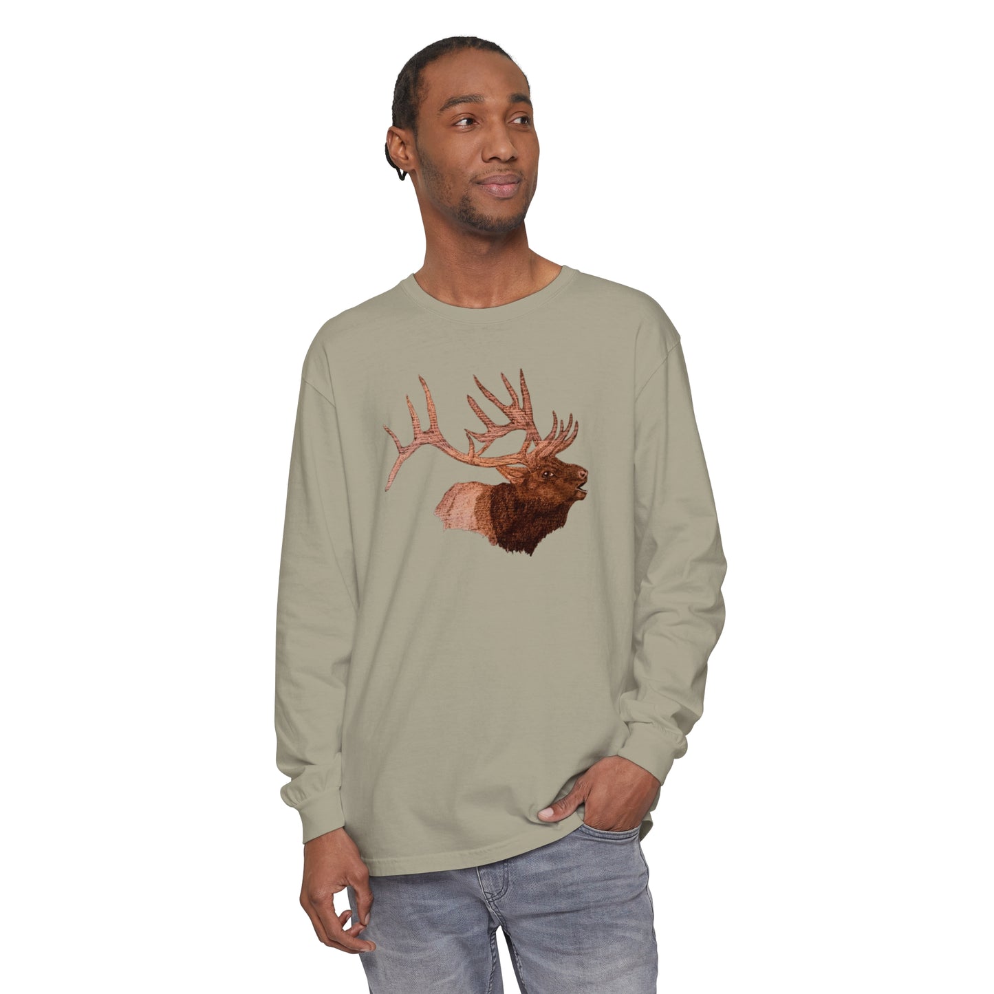 Unisex Garment-dyed Long Sleeve T-Shirt - Bull Elk