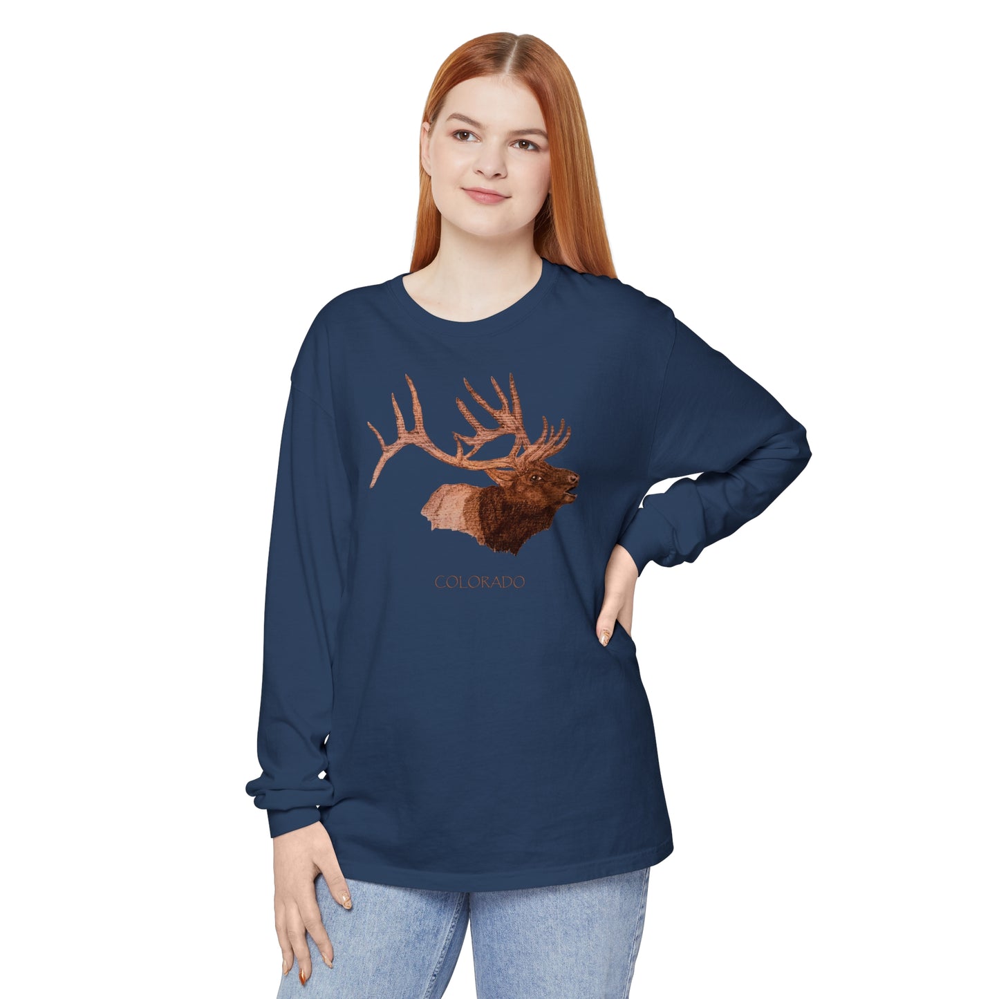 Unisex Garment-dyed Long Sleeve T-Shirt - Bull Elk w/ "COLORADO"