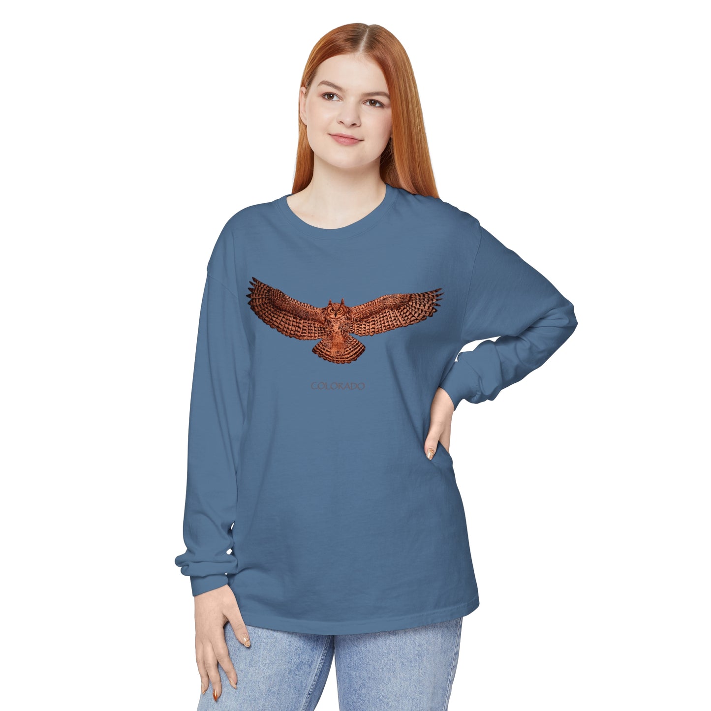 Unisex Garment-dyed Long Sleeve T-Shirt - Owl w/ "COLORADO"