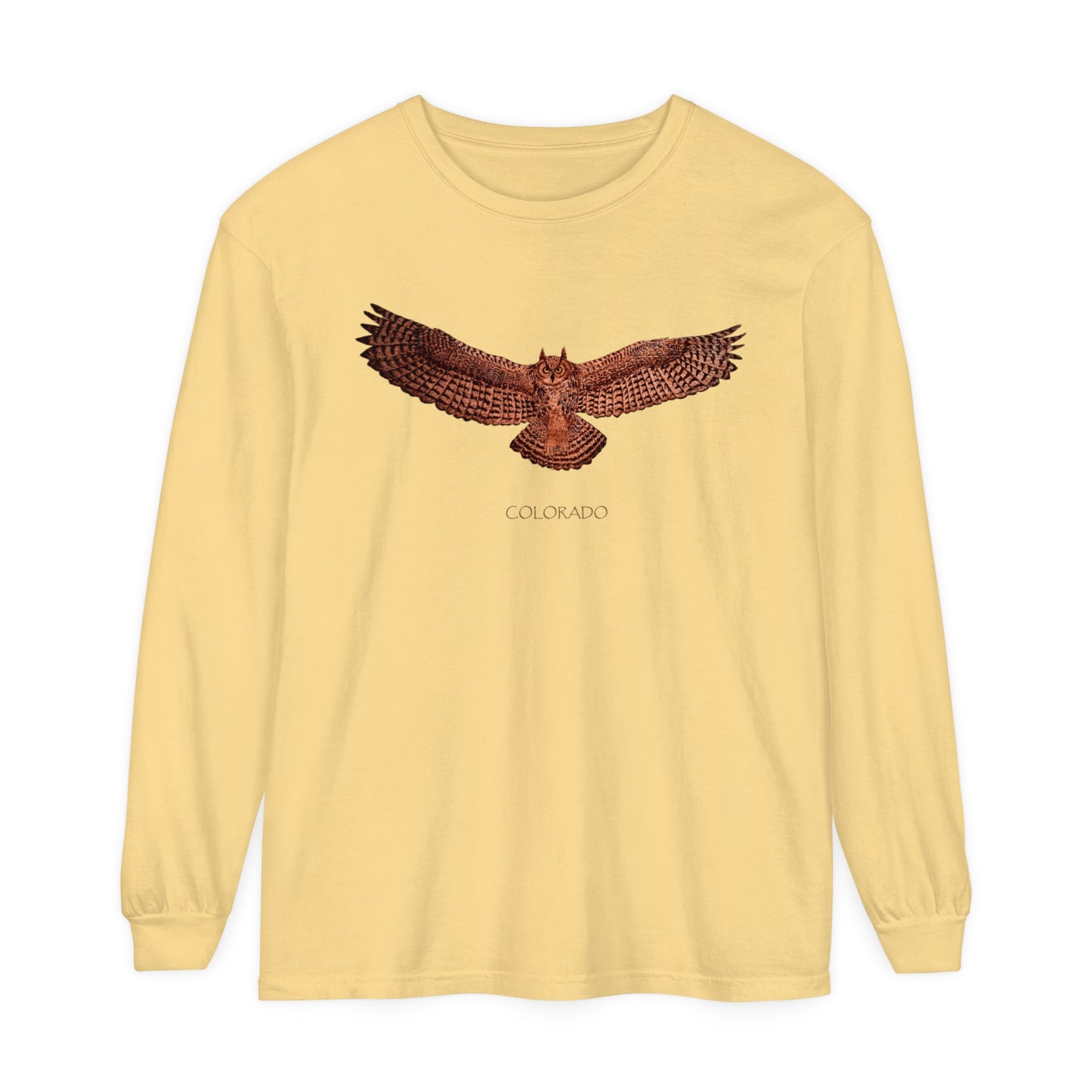 Unisex Garment-dyed Long Sleeve T-Shirt - Owl w/ "COLORADO"