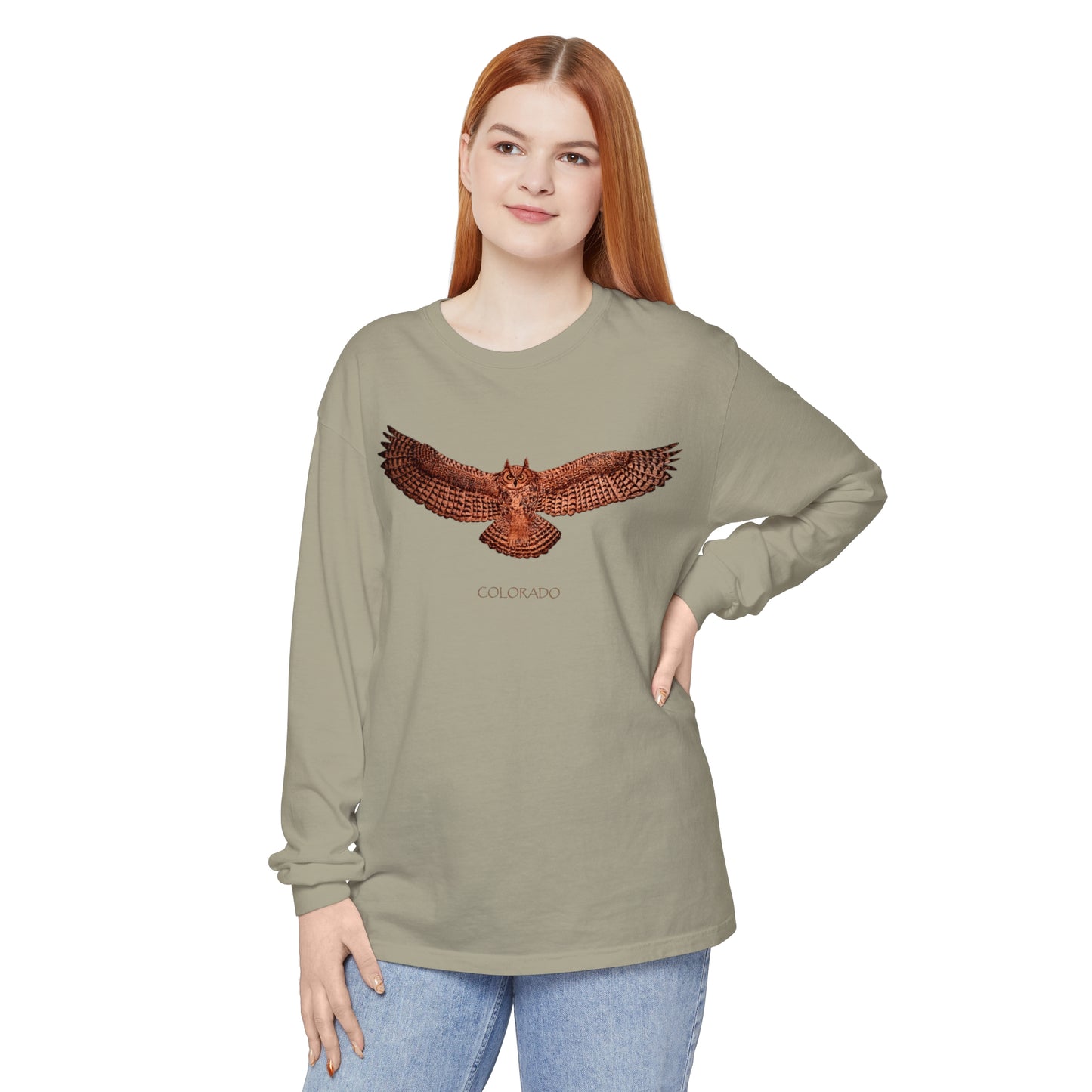 Unisex Garment-dyed Long Sleeve T-Shirt - Owl w/ "COLORADO"