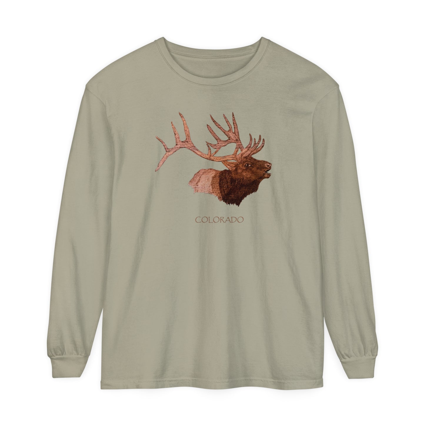 Unisex Garment-dyed Long Sleeve T-Shirt - Bull Elk w/ "COLORADO"