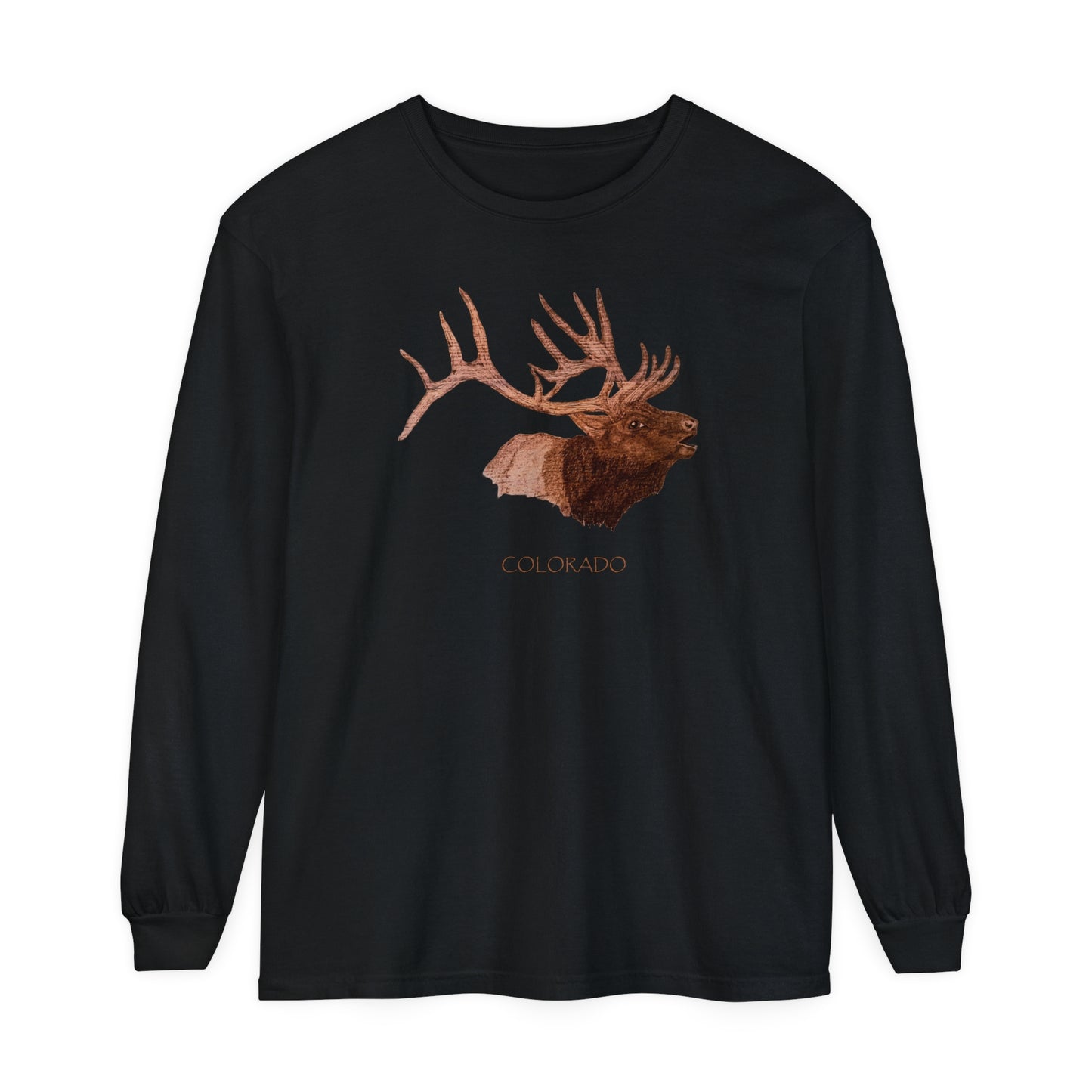 Unisex Garment-dyed Long Sleeve T-Shirt - Bull Elk w/ "COLORADO"