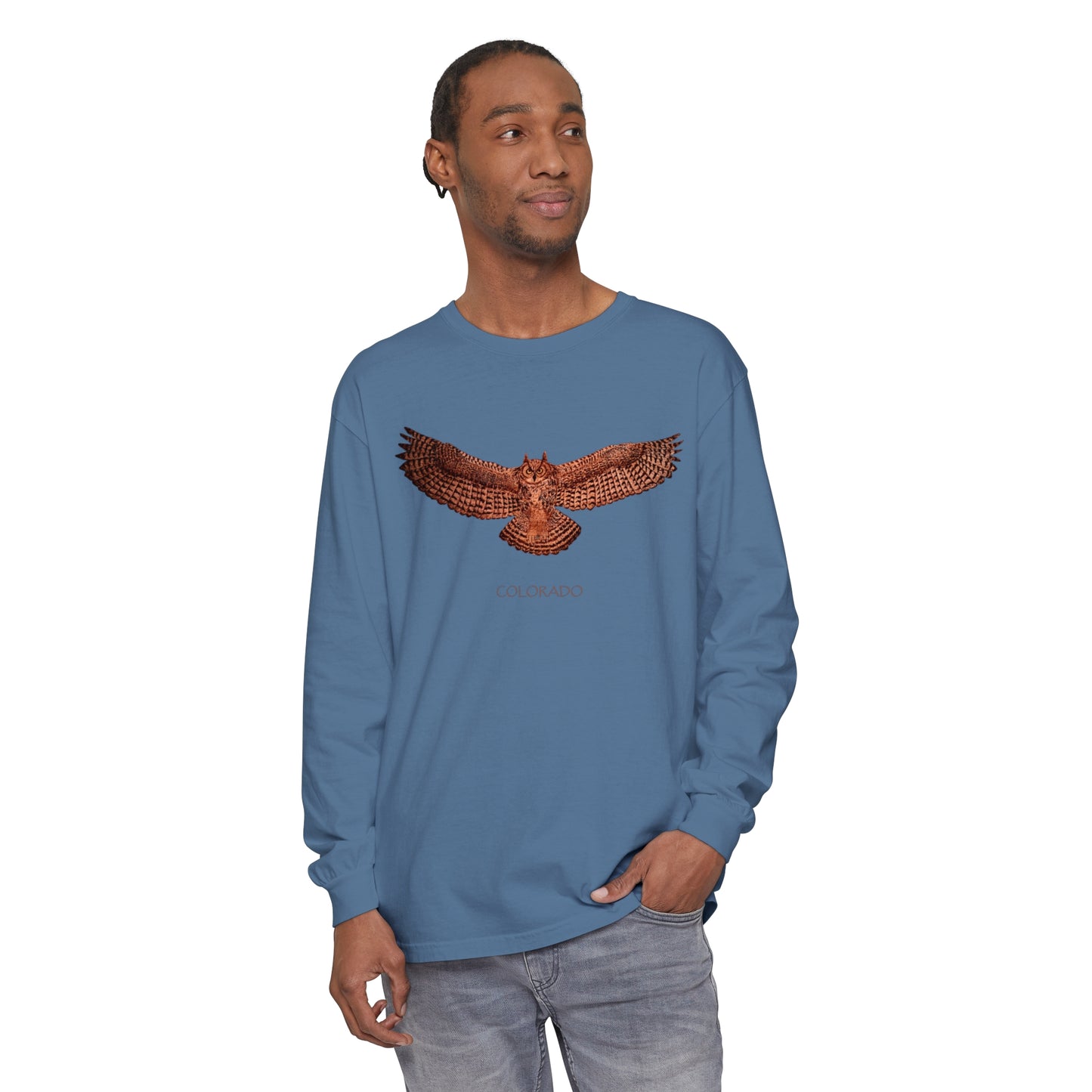 Unisex Garment-dyed Long Sleeve T-Shirt - Owl w/ "COLORADO"