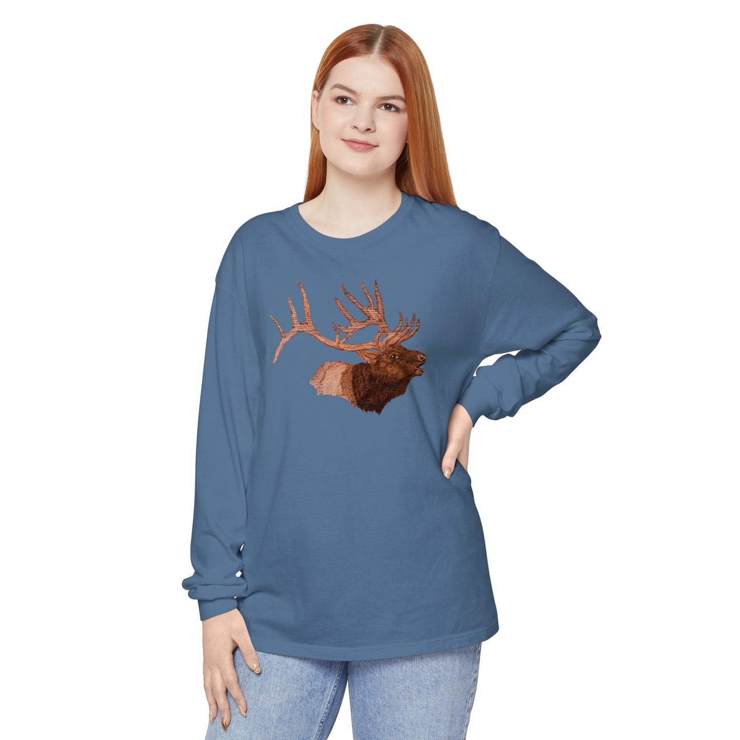 Unisex Garment-dyed Long Sleeve T-Shirt - Bull Elk