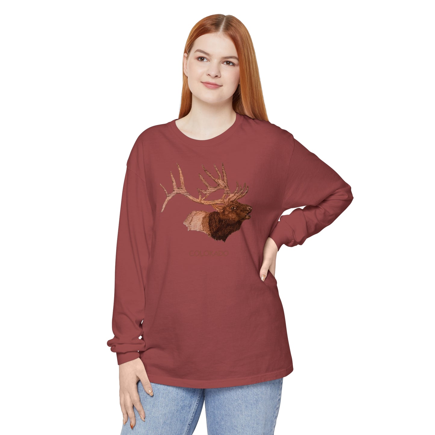 Unisex Garment-dyed Long Sleeve T-Shirt - Bull Elk w/ "COLORADO"