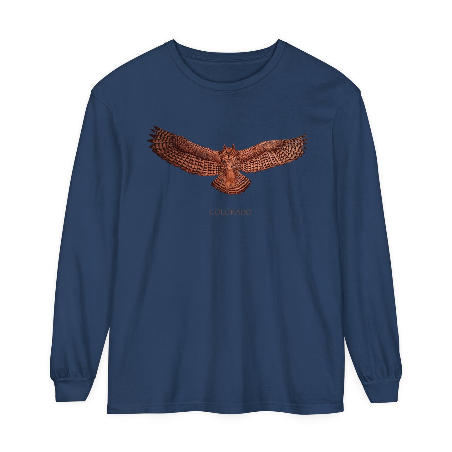 Unisex Garment-dyed Long Sleeve T-Shirt - Owl w/ "COLORADO"