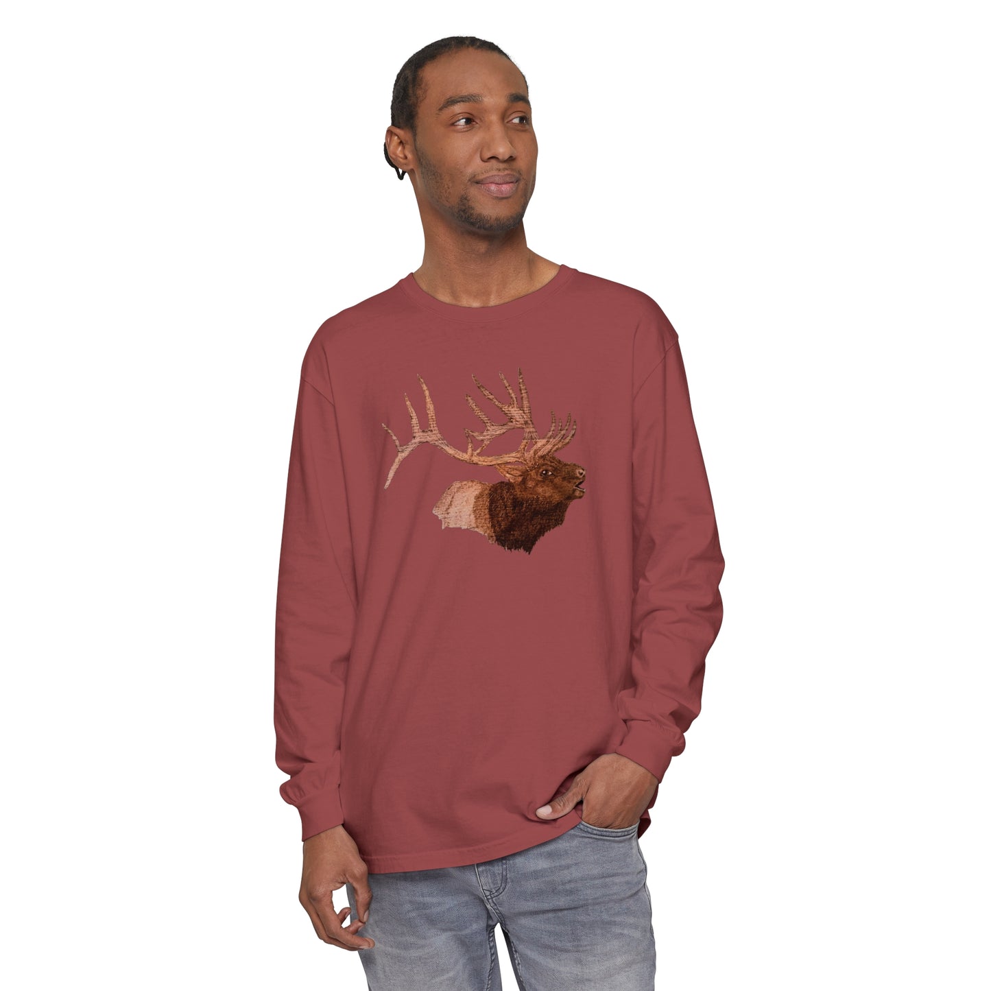 Unisex Garment-dyed Long Sleeve T-Shirt - Bull Elk