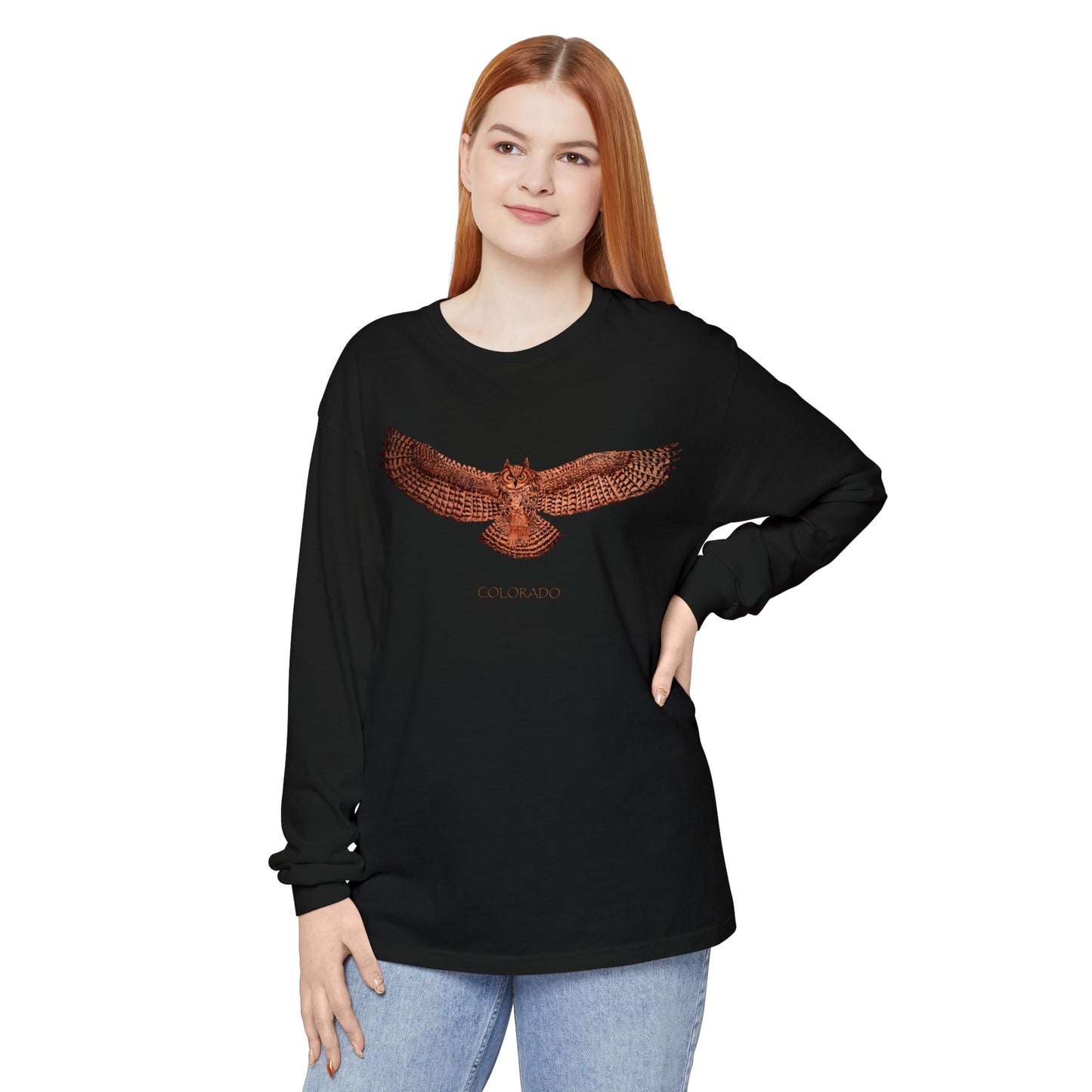 Unisex Garment-dyed Long Sleeve T-Shirt - Owl w/ "COLORADO"