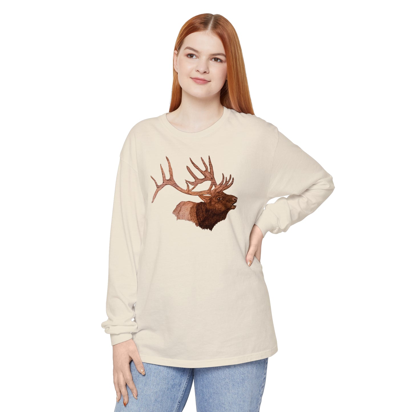 Unisex Garment-dyed Long Sleeve T-Shirt - Bull Elk